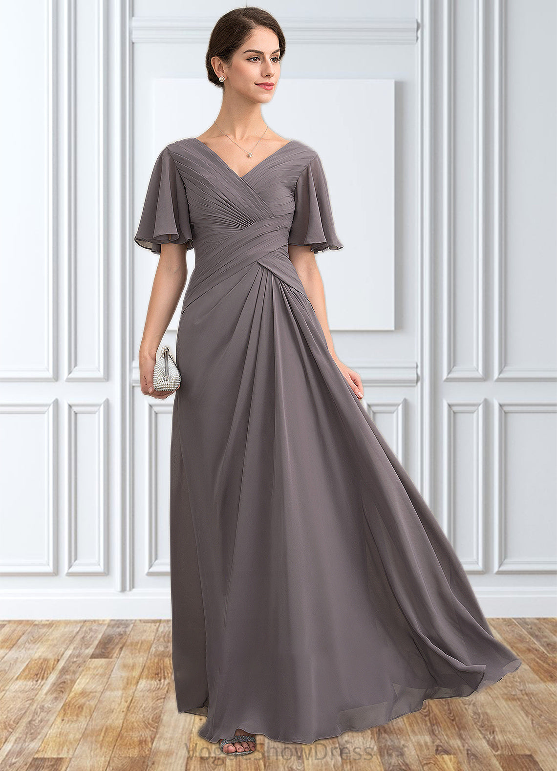 Carlee A-Line V-neck Floor-Length Chiffon Mother of the Bride Dress With Ruffle DL126P0014581