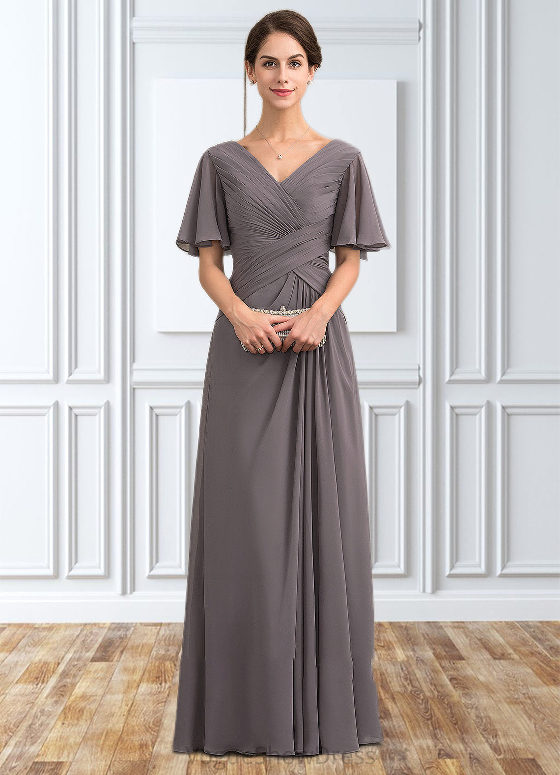 Carlee A-Line V-neck Floor-Length Chiffon Mother of the Bride Dress With Ruffle DL126P0014581