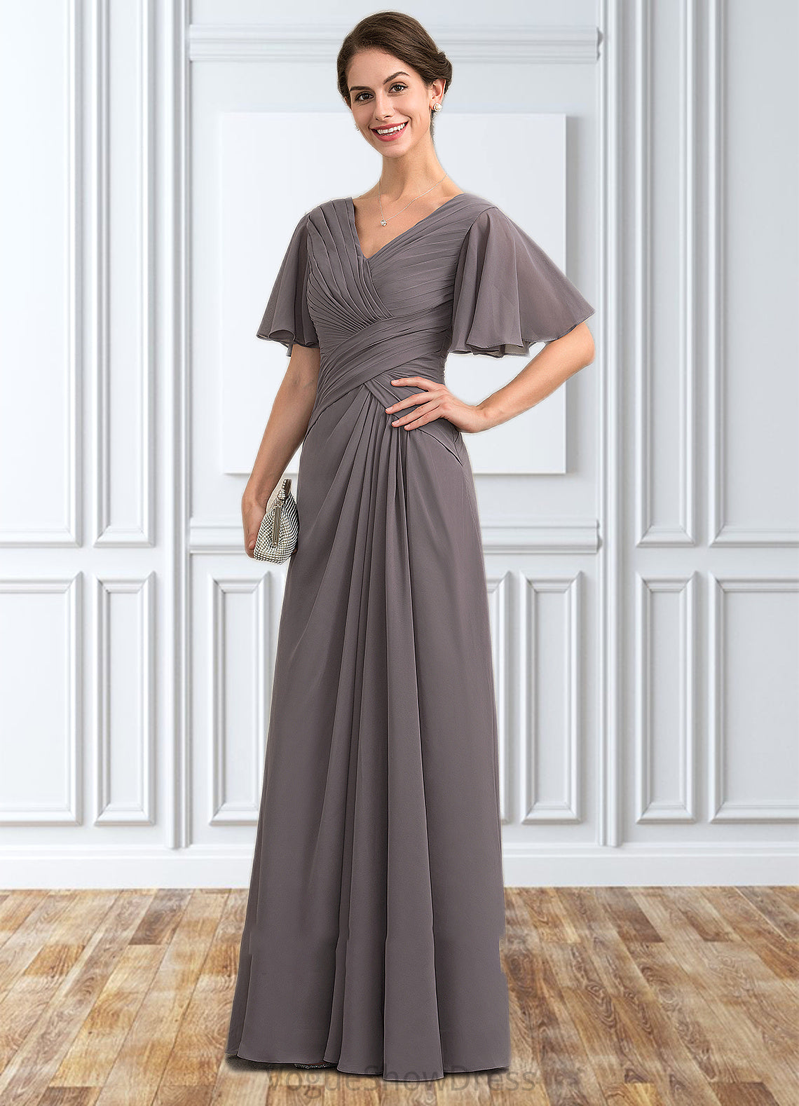 Carlee A-Line V-neck Floor-Length Chiffon Mother of the Bride Dress With Ruffle DL126P0014581