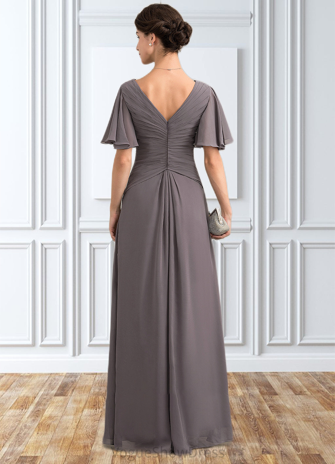 Carlee A-Line V-neck Floor-Length Chiffon Mother of the Bride Dress With Ruffle DL126P0014581