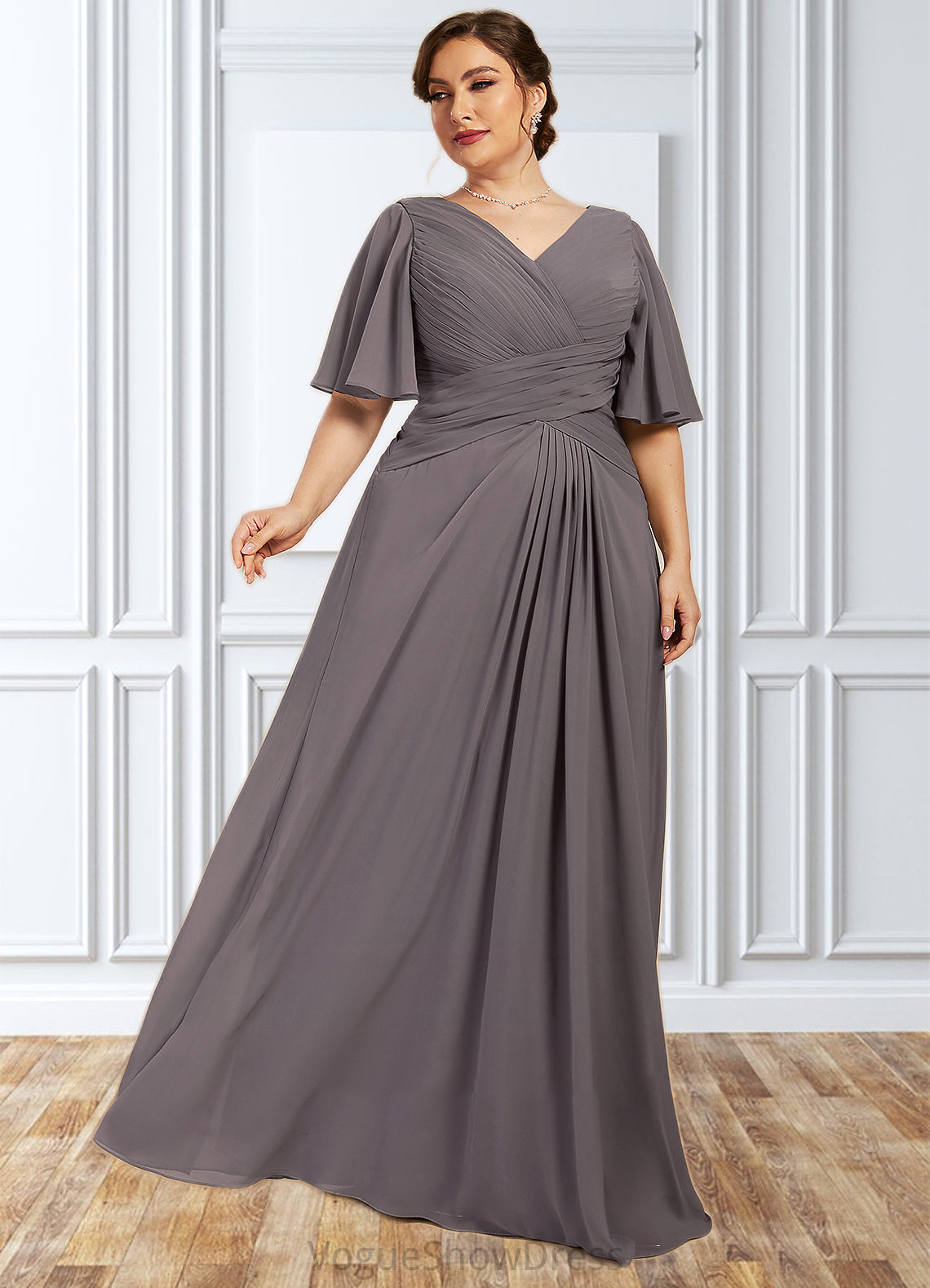 Carlee A-Line V-neck Floor-Length Chiffon Mother of the Bride Dress With Ruffle DL126P0014581