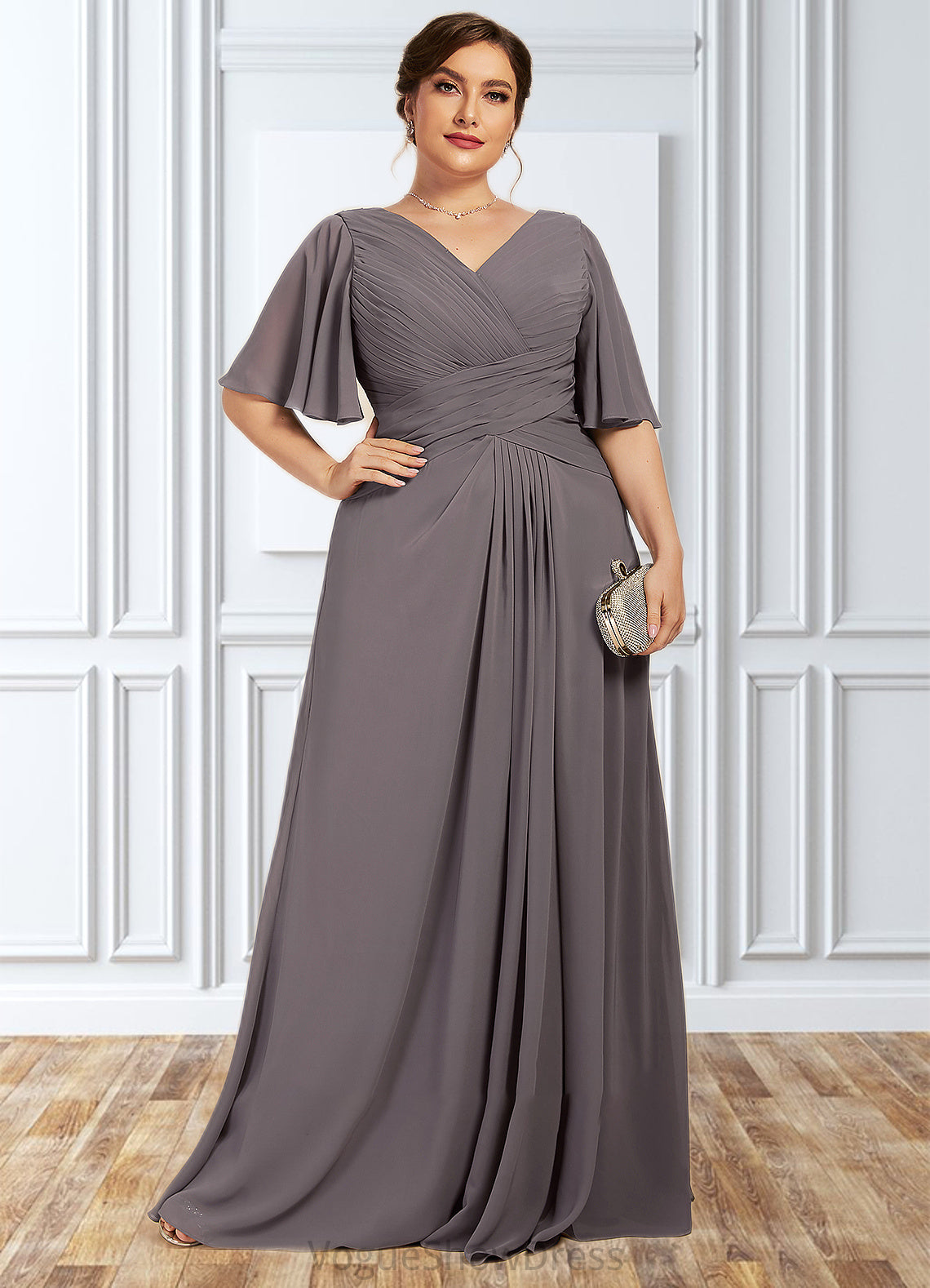 Carlee A-Line V-neck Floor-Length Chiffon Mother of the Bride Dress With Ruffle DL126P0014581