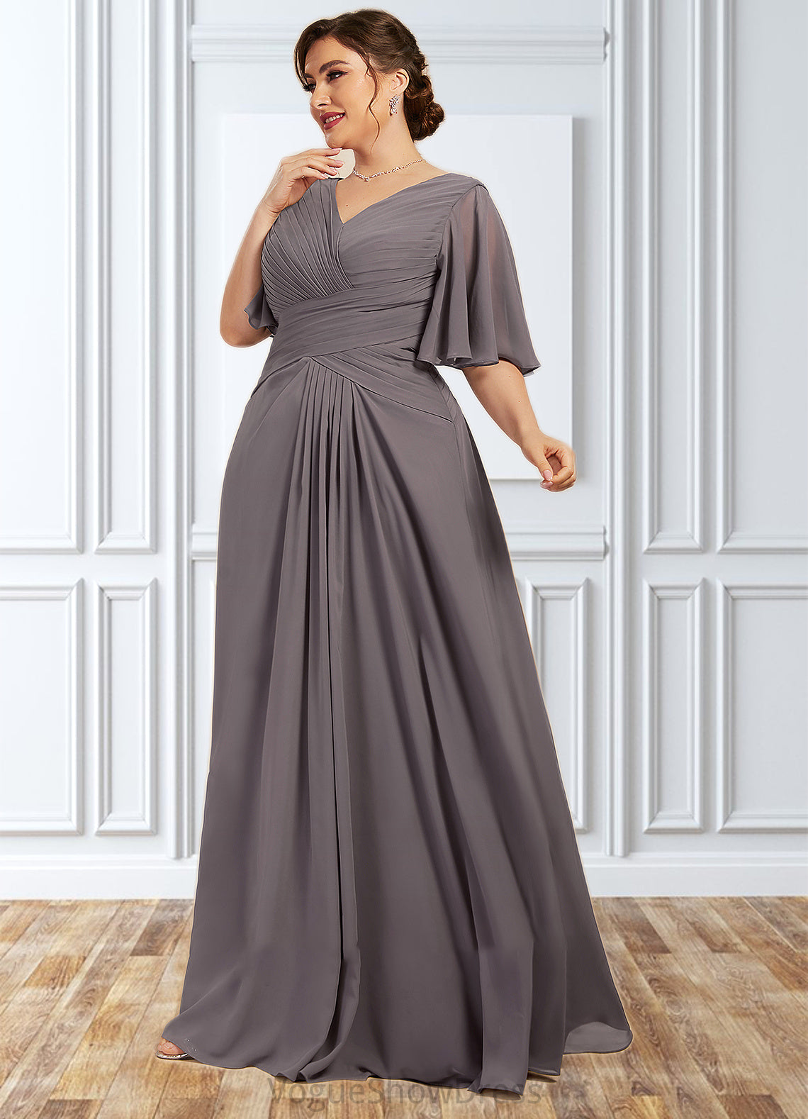 Carlee A-Line V-neck Floor-Length Chiffon Mother of the Bride Dress With Ruffle DL126P0014581