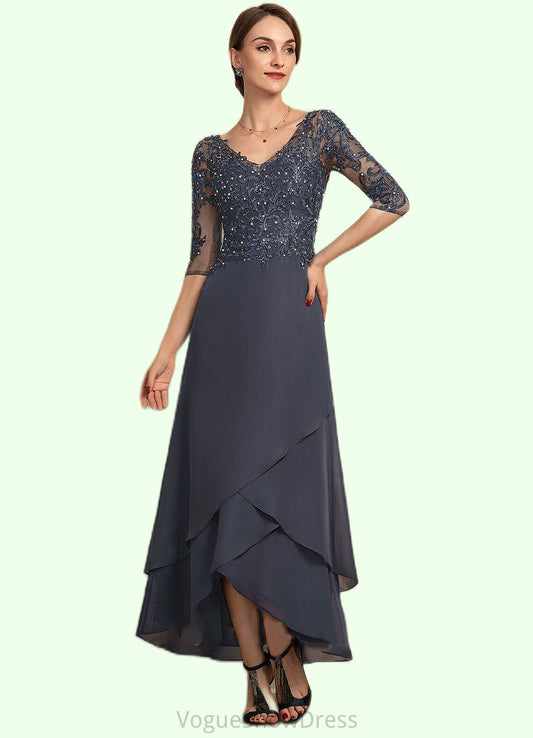 Paisley A-line V-Neck Asymmetrical Chiffon Lace Mother of the Bride Dress With Beading Sequins DL126P0014584