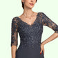 Paisley A-line V-Neck Asymmetrical Chiffon Lace Mother of the Bride Dress With Beading Sequins DL126P0014584