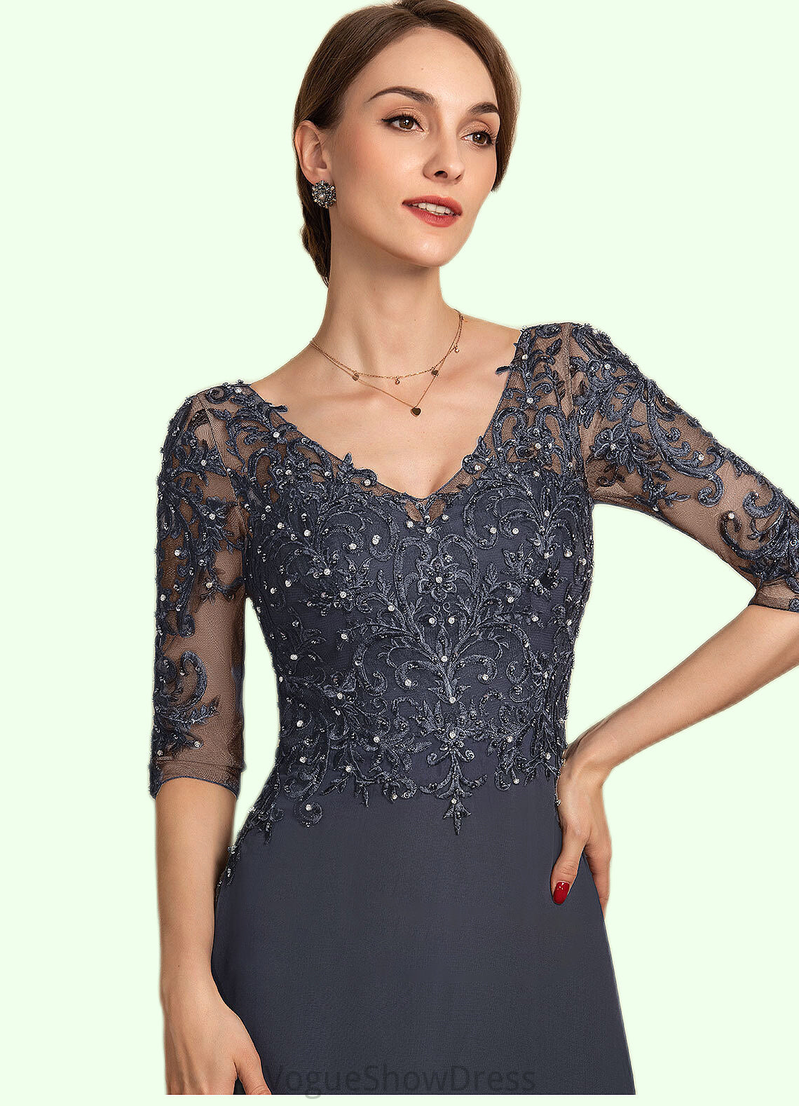 Paisley A-line V-Neck Asymmetrical Chiffon Lace Mother of the Bride Dress With Beading Sequins DL126P0014584