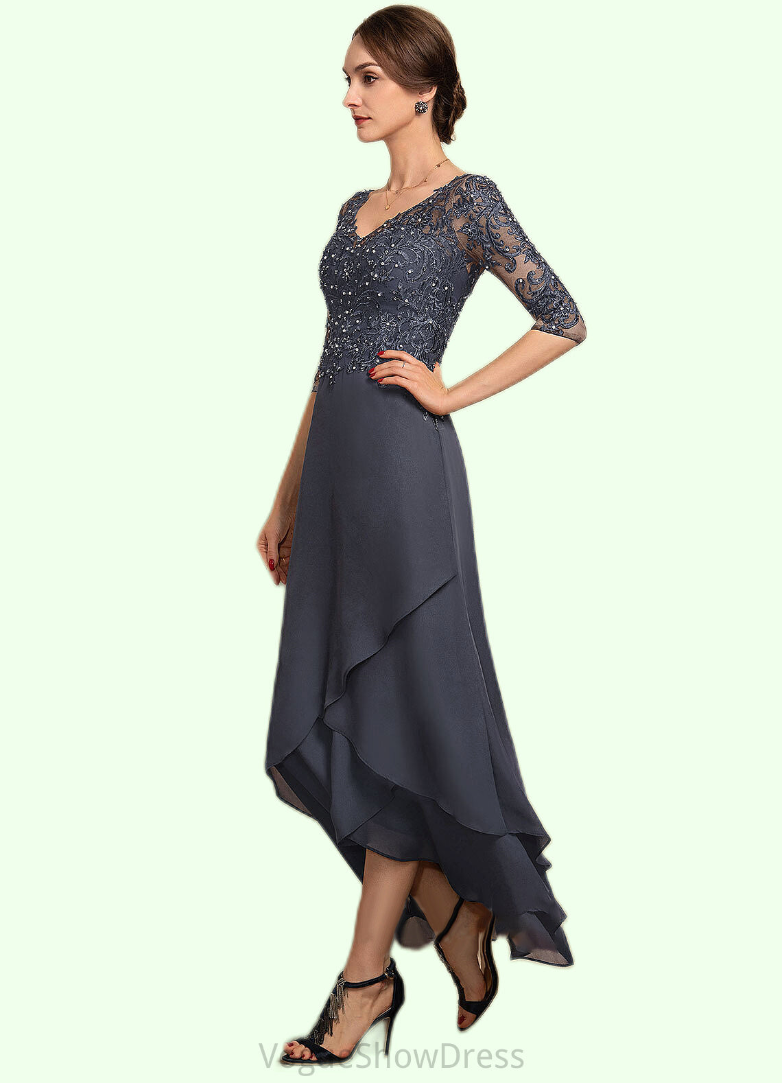 Paisley A-line V-Neck Asymmetrical Chiffon Lace Mother of the Bride Dress With Beading Sequins DL126P0014584