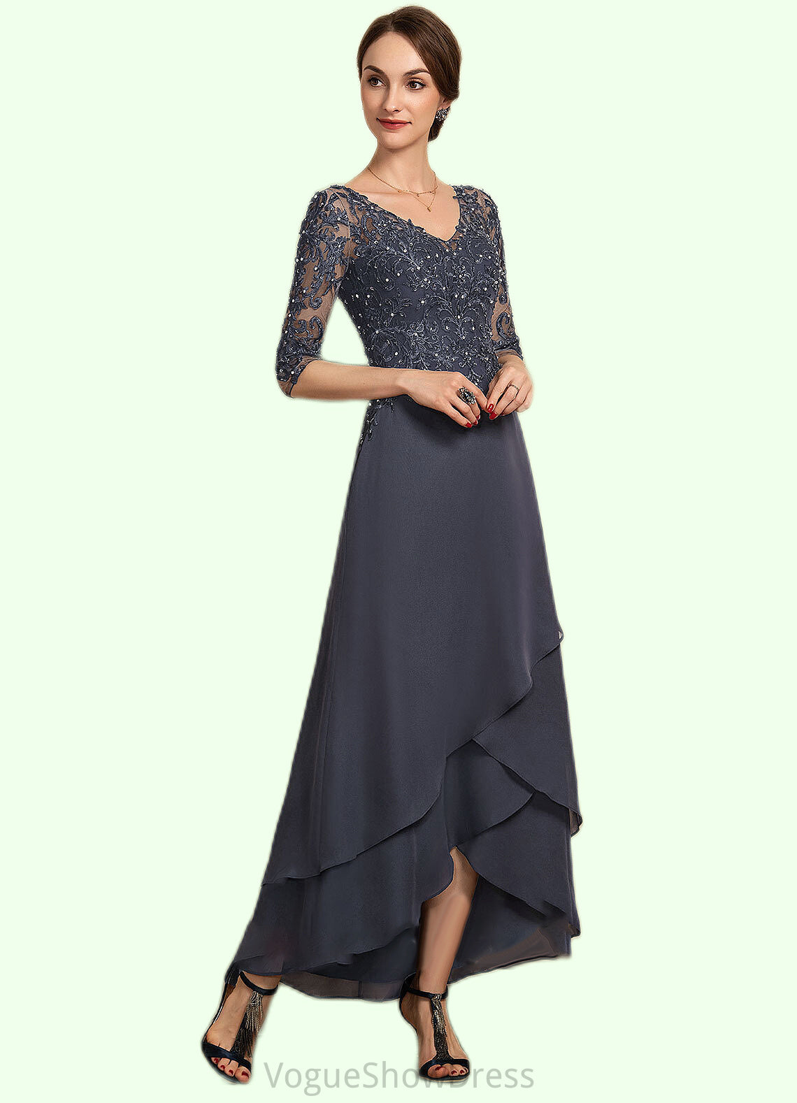 Paisley A-line V-Neck Asymmetrical Chiffon Lace Mother of the Bride Dress With Beading Sequins DL126P0014584