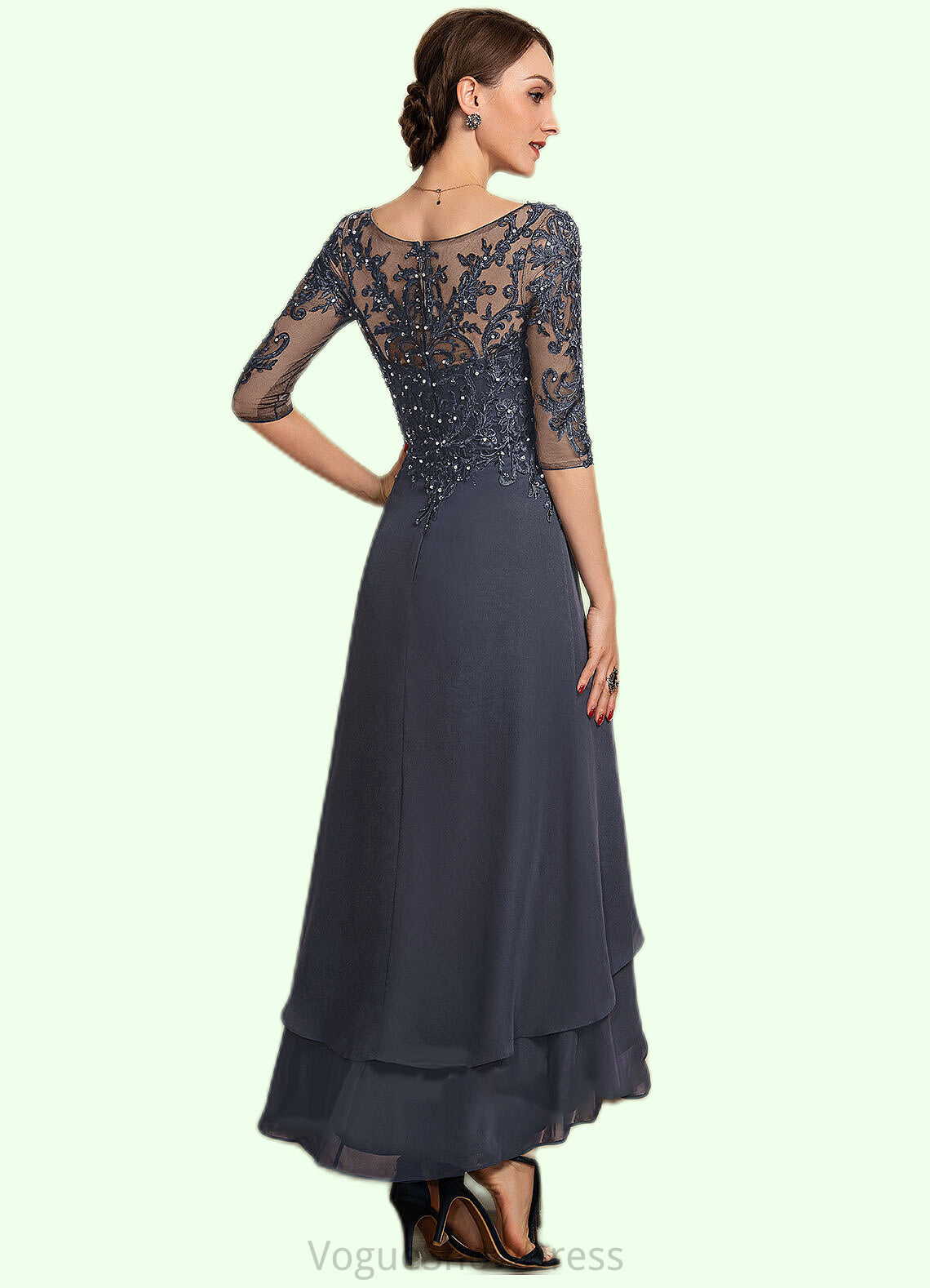 Paisley A-line V-Neck Asymmetrical Chiffon Lace Mother of the Bride Dress With Beading Sequins DL126P0014584