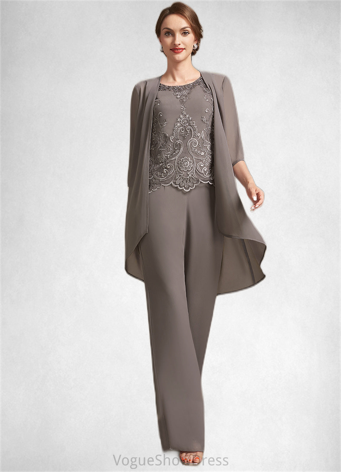 Joslyn Jumpsuit/Pantsuit Scoop Neck Floor-Length Chiffon Lace Mother of the Bride Dress With Beading Sequins DL126P0014585