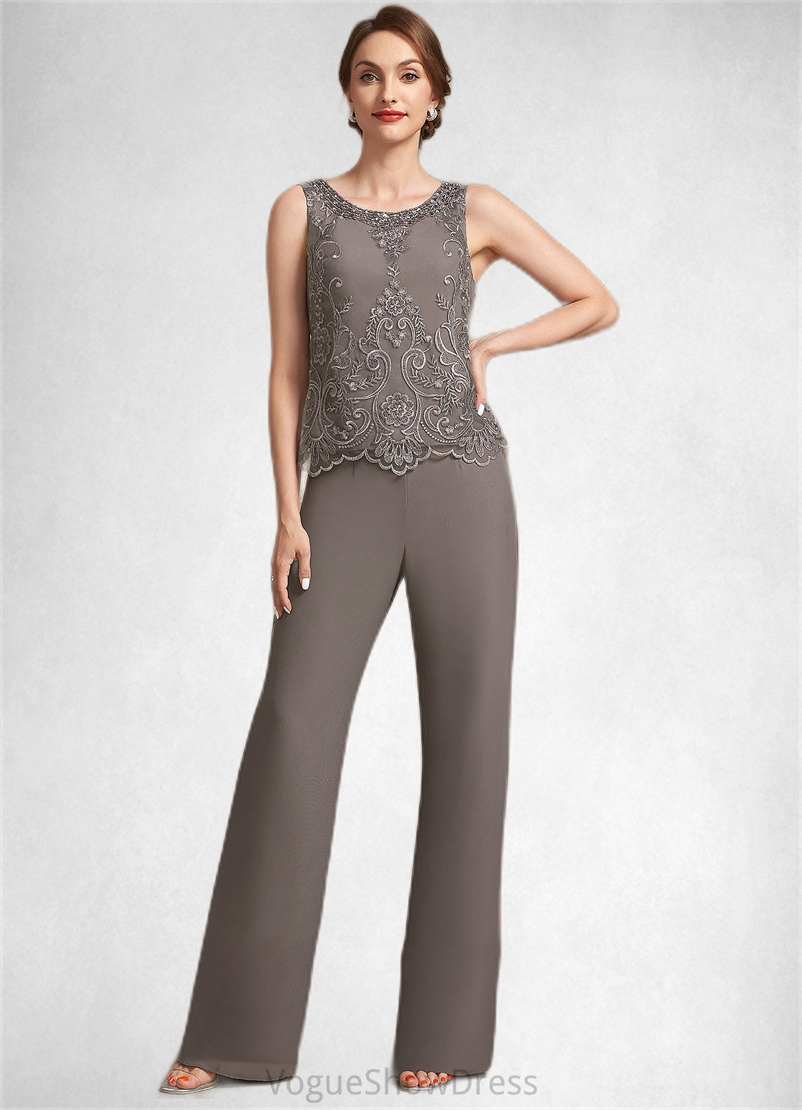 Joslyn Jumpsuit/Pantsuit Scoop Neck Floor-Length Chiffon Lace Mother of the Bride Dress With Beading Sequins DL126P0014585