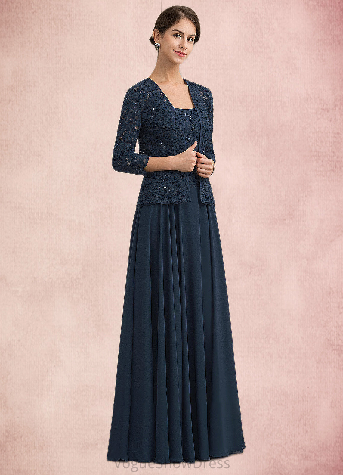 Alyvia A-Line Square Neckline Floor-Length Chiffon Lace Mother of the Bride Dress With Sequins DL126P0014587