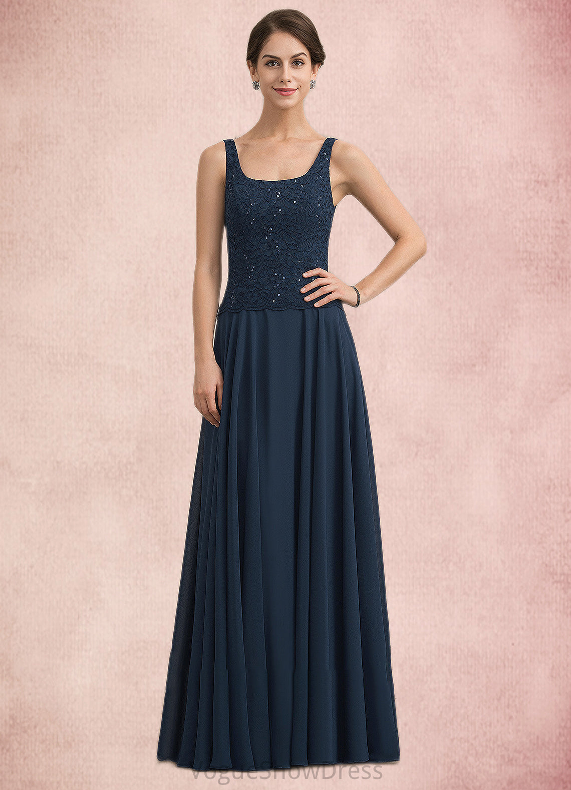 Alyvia A-Line Square Neckline Floor-Length Chiffon Lace Mother of the Bride Dress With Sequins DL126P0014587