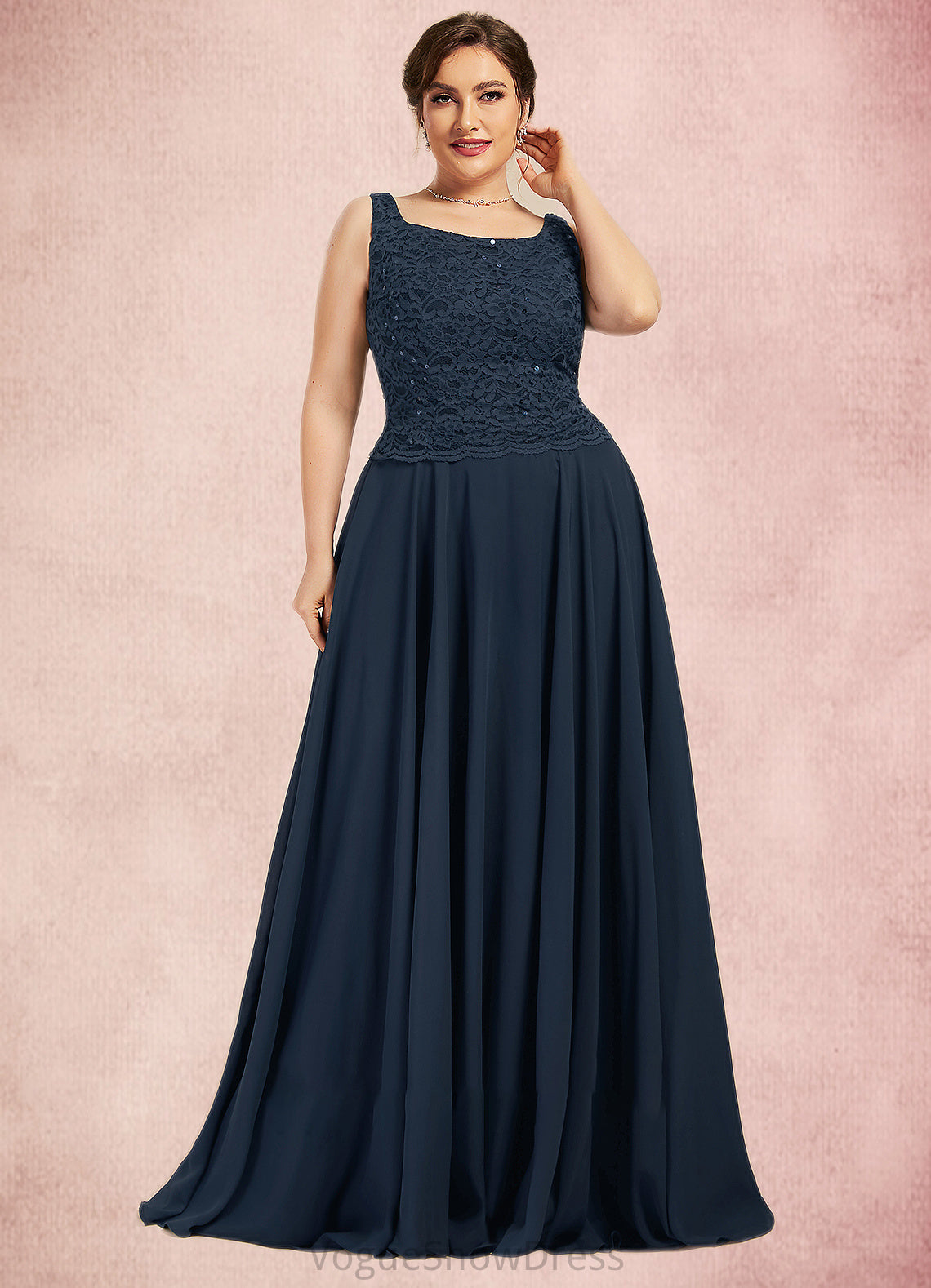 Alyvia A-Line Square Neckline Floor-Length Chiffon Lace Mother of the Bride Dress With Sequins DL126P0014587