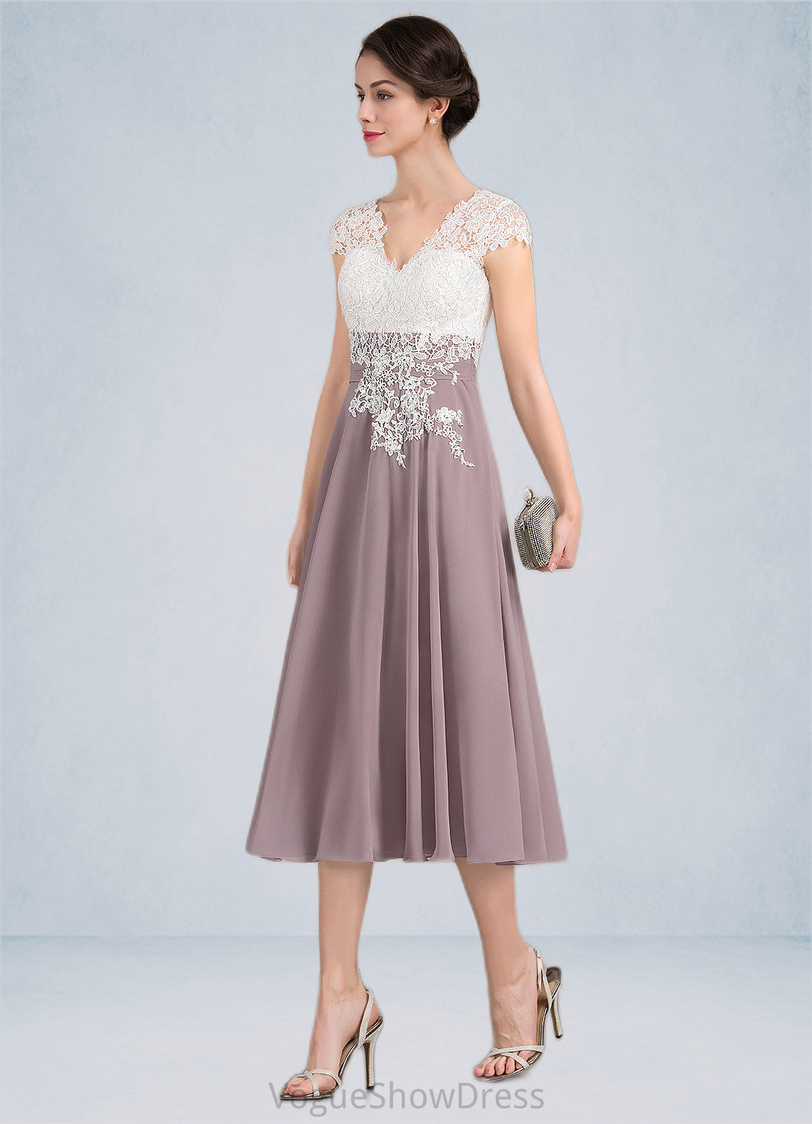 Kaelyn A-Line V-neck Tea-Length Chiffon Lace Mother of the Bride Dress DL126P0014588