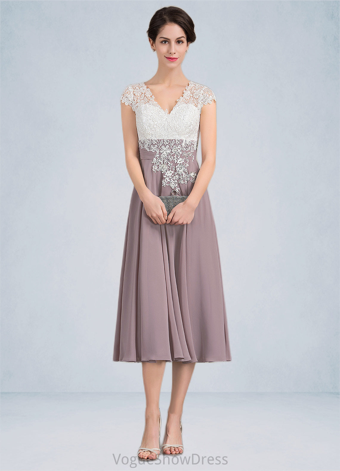 Kaelyn A-Line V-neck Tea-Length Chiffon Lace Mother of the Bride Dress DL126P0014588