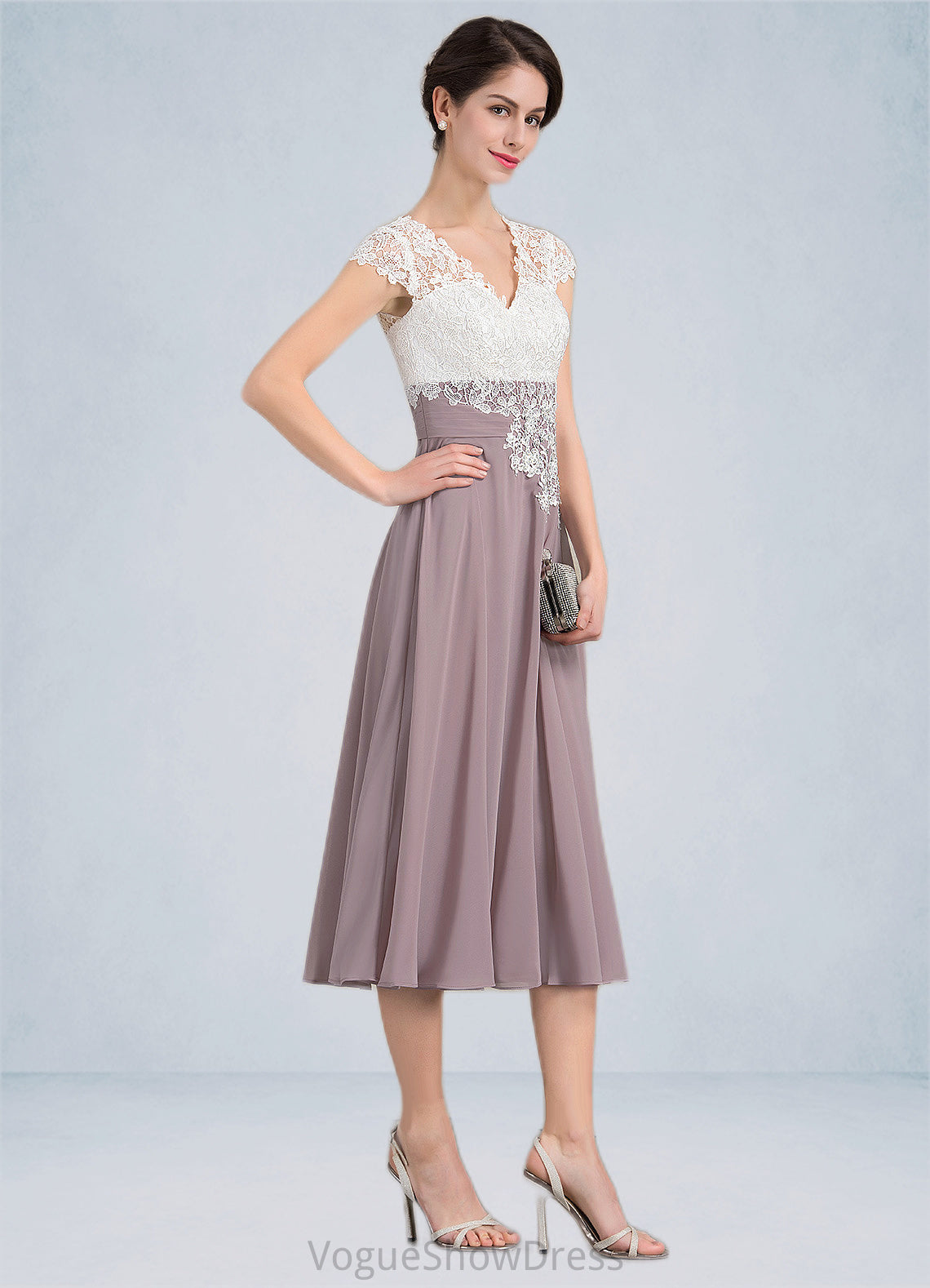 Kaelyn A-Line V-neck Tea-Length Chiffon Lace Mother of the Bride Dress DL126P0014588