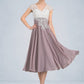 Kaelyn A-Line V-neck Tea-Length Chiffon Lace Mother of the Bride Dress DL126P0014588