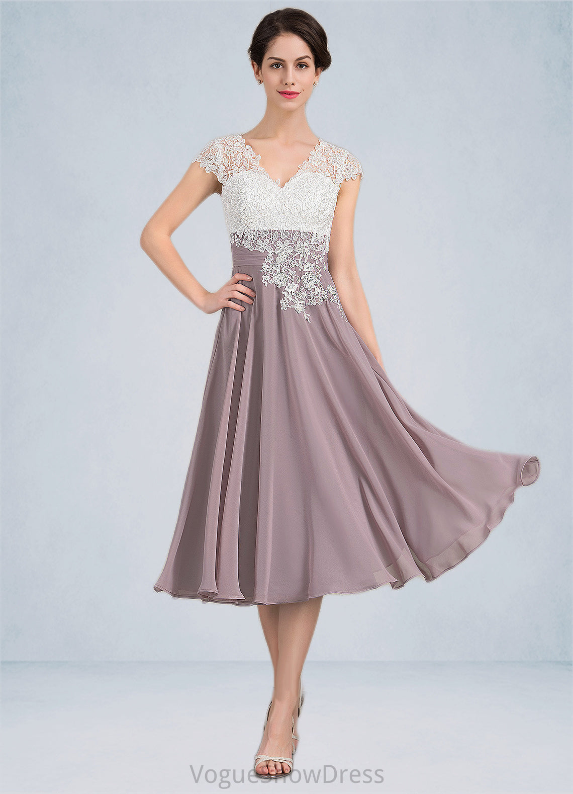 Kaelyn A-Line V-neck Tea-Length Chiffon Lace Mother of the Bride Dress DL126P0014588