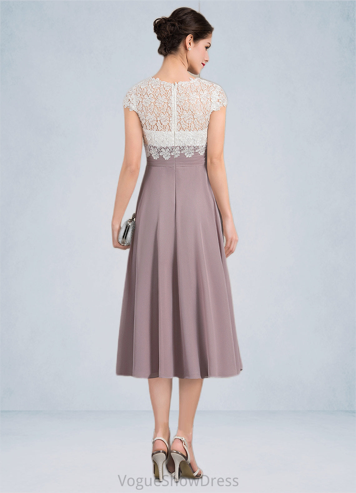 Kaelyn A-Line V-neck Tea-Length Chiffon Lace Mother of the Bride Dress DL126P0014588