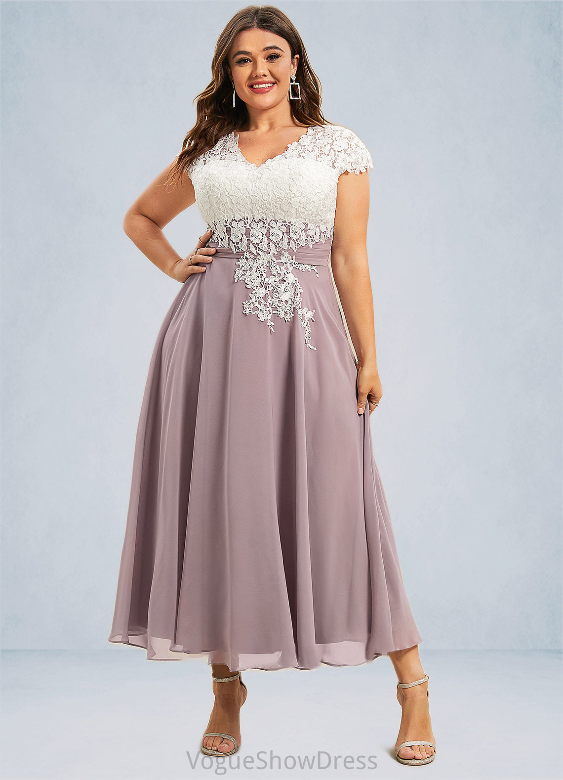 Kaelyn A-Line V-neck Tea-Length Chiffon Lace Mother of the Bride Dress DL126P0014588