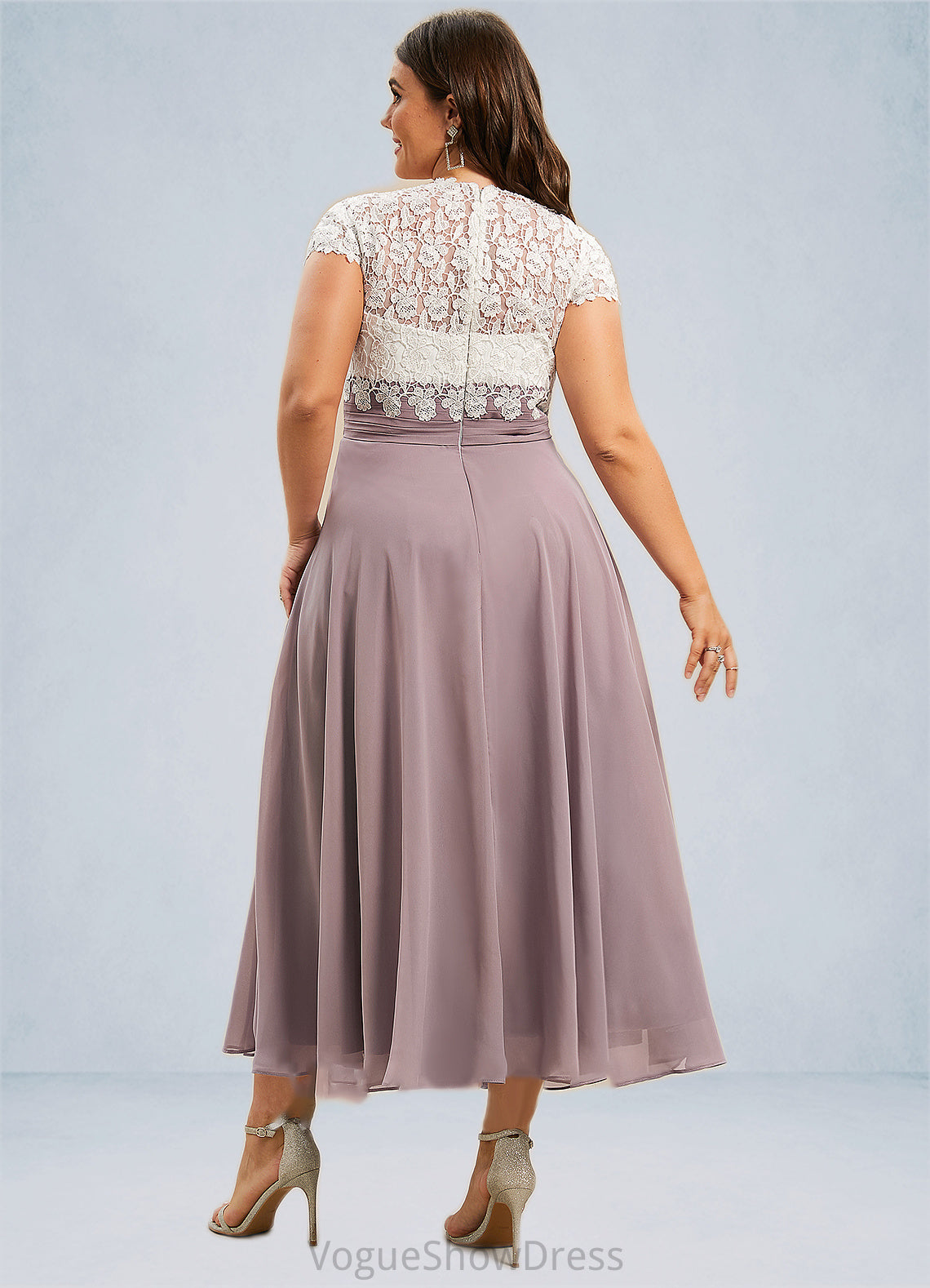 Kaelyn A-Line V-neck Tea-Length Chiffon Lace Mother of the Bride Dress DL126P0014588