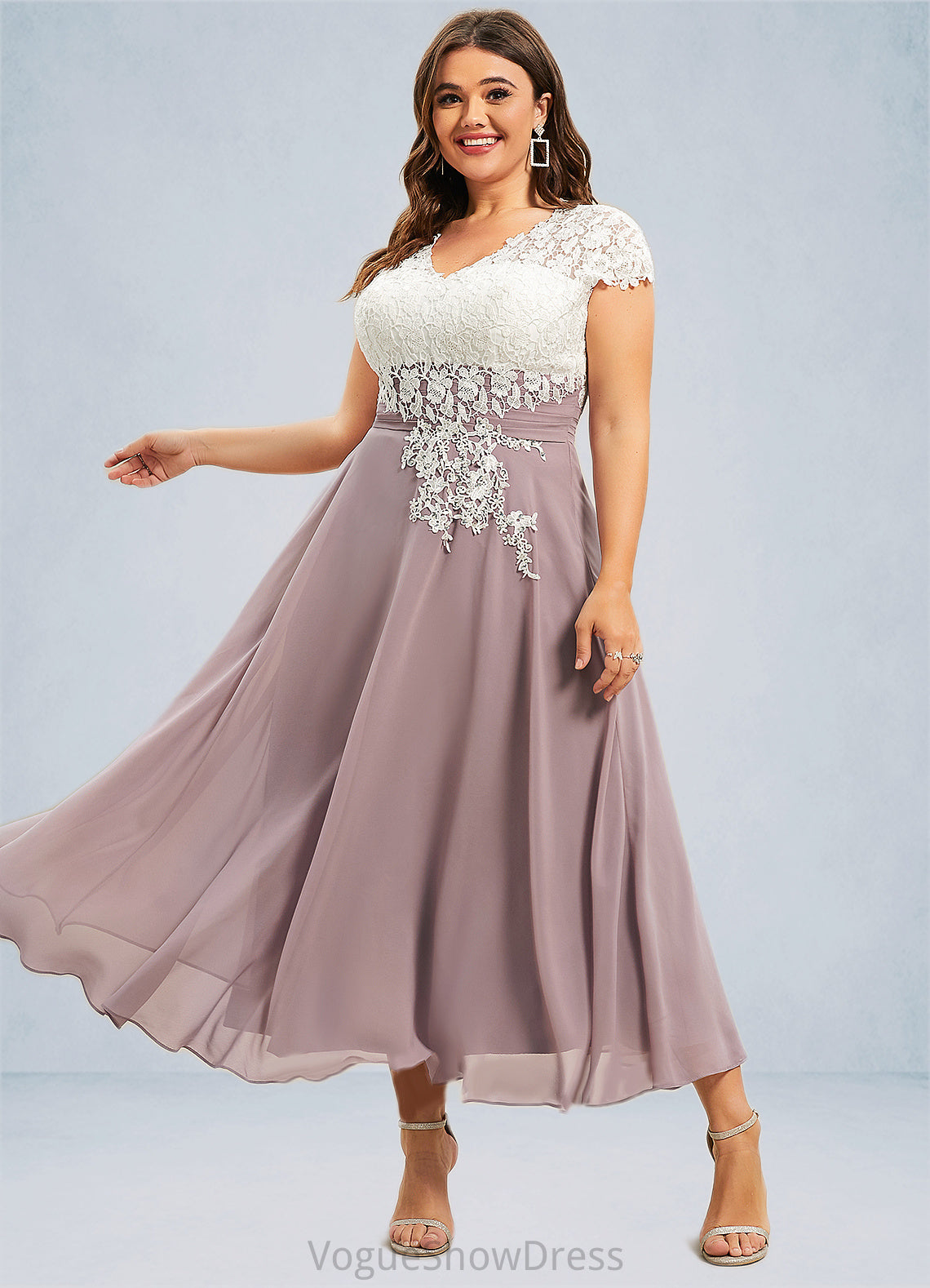 Kaelyn A-Line V-neck Tea-Length Chiffon Lace Mother of the Bride Dress DL126P0014588