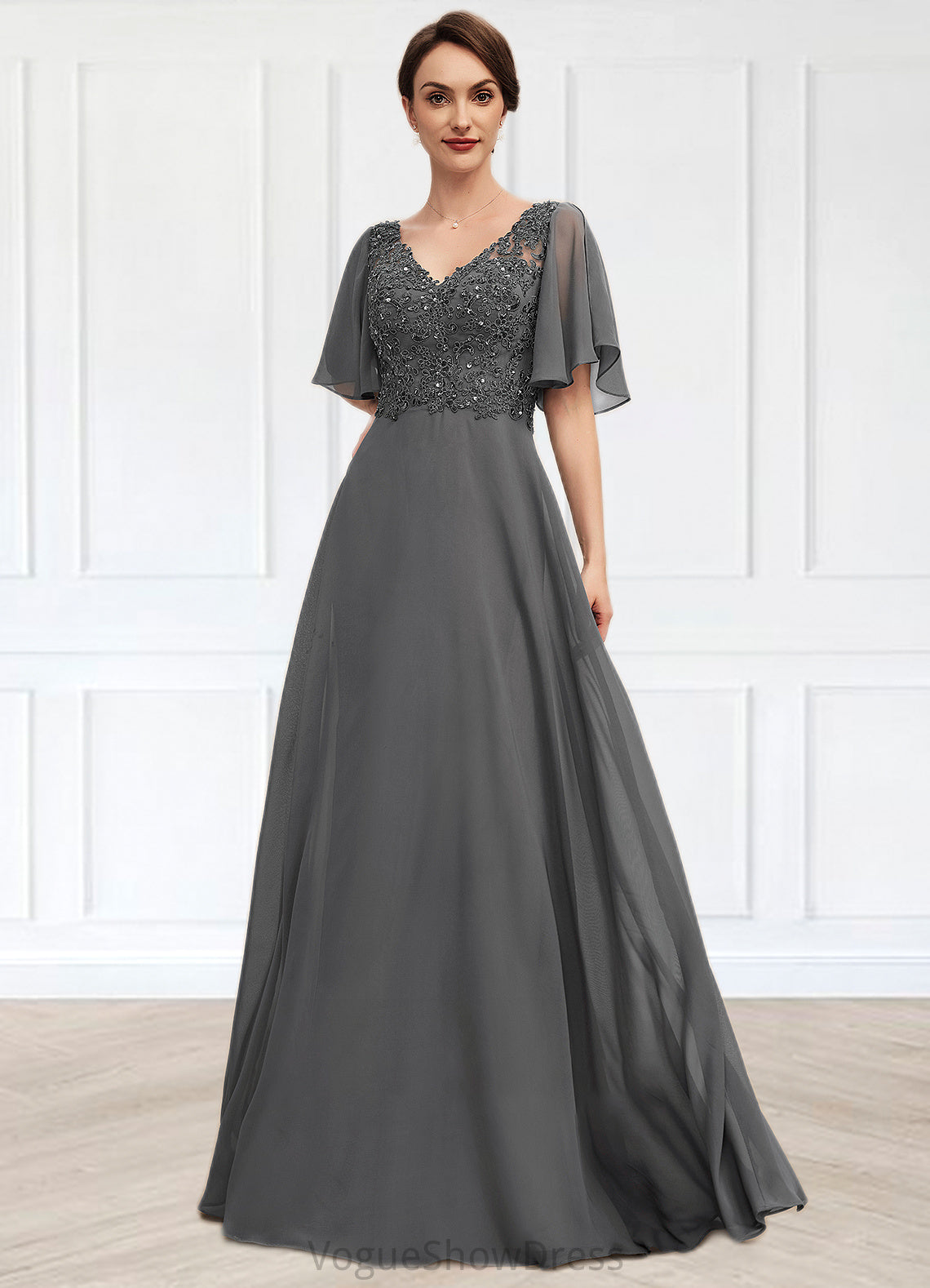 Nadine A-line V-Neck Floor-Length Chiffon Lace Mother of the Bride Dress With Beading Sequins DL126P0014589