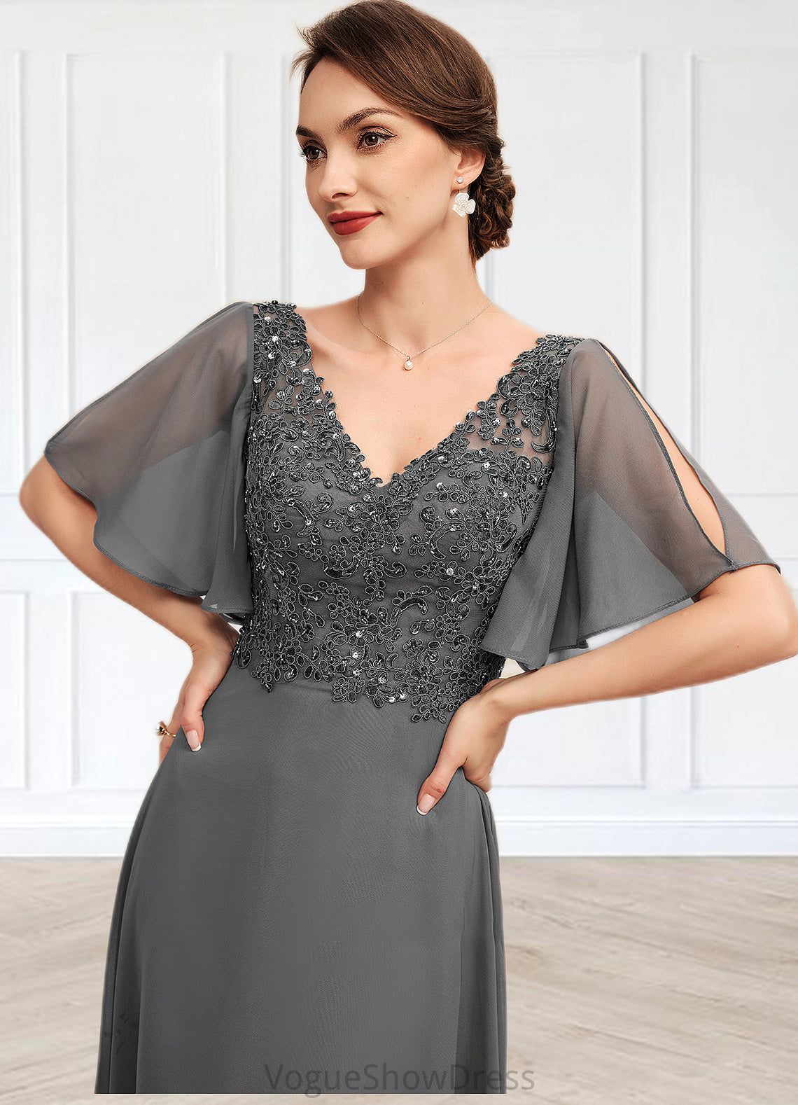 Nadine A-line V-Neck Floor-Length Chiffon Lace Mother of the Bride Dress With Beading Sequins DL126P0014589