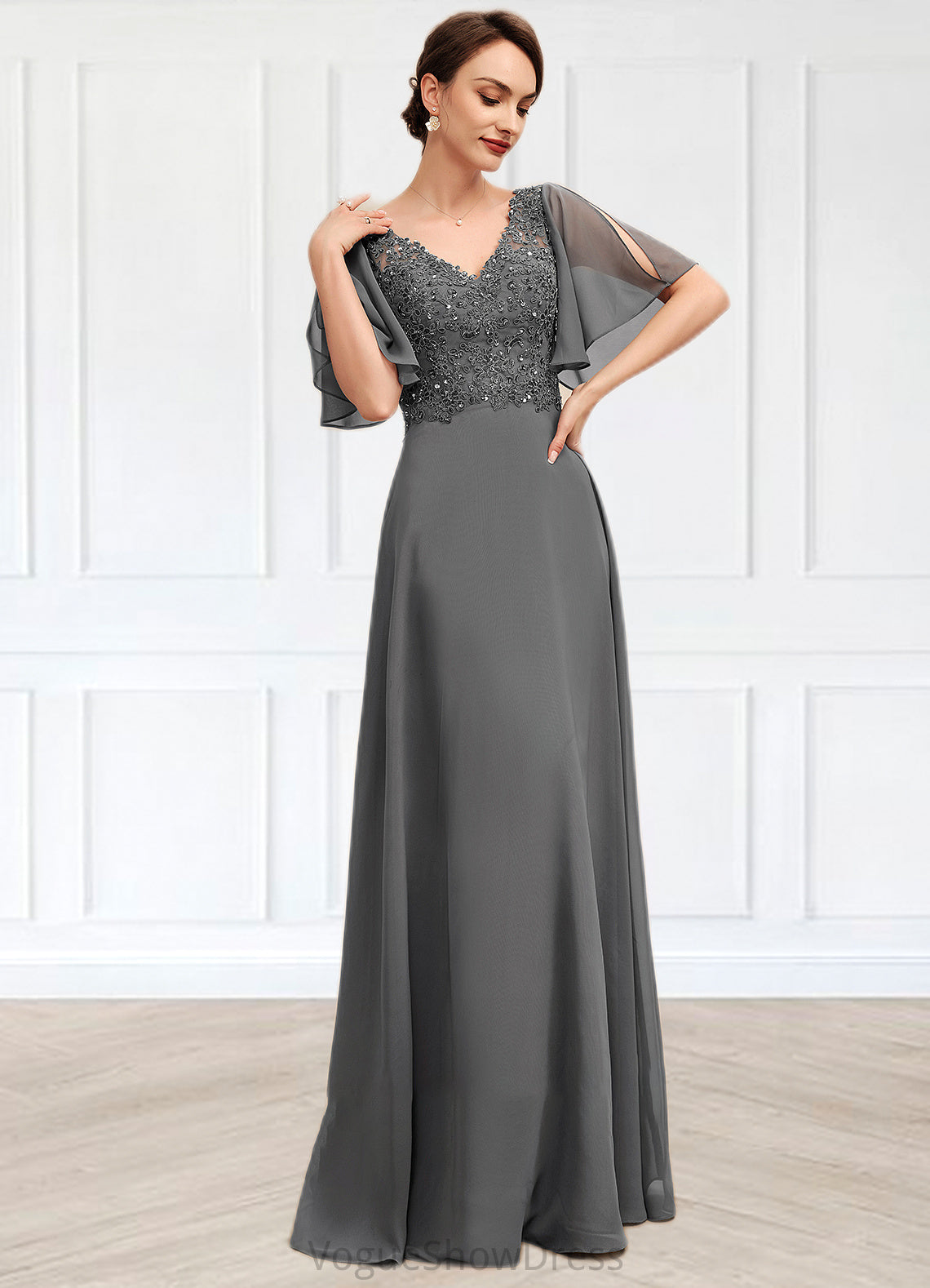 Nadine A-line V-Neck Floor-Length Chiffon Lace Mother of the Bride Dress With Beading Sequins DL126P0014589