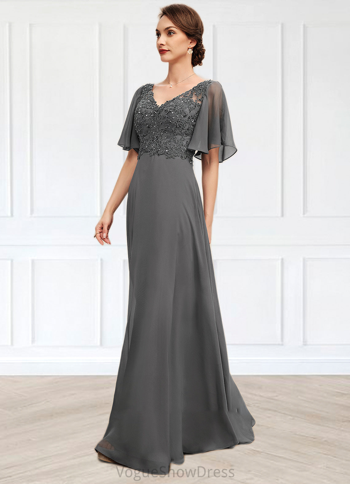 Nadine A-line V-Neck Floor-Length Chiffon Lace Mother of the Bride Dress With Beading Sequins DL126P0014589