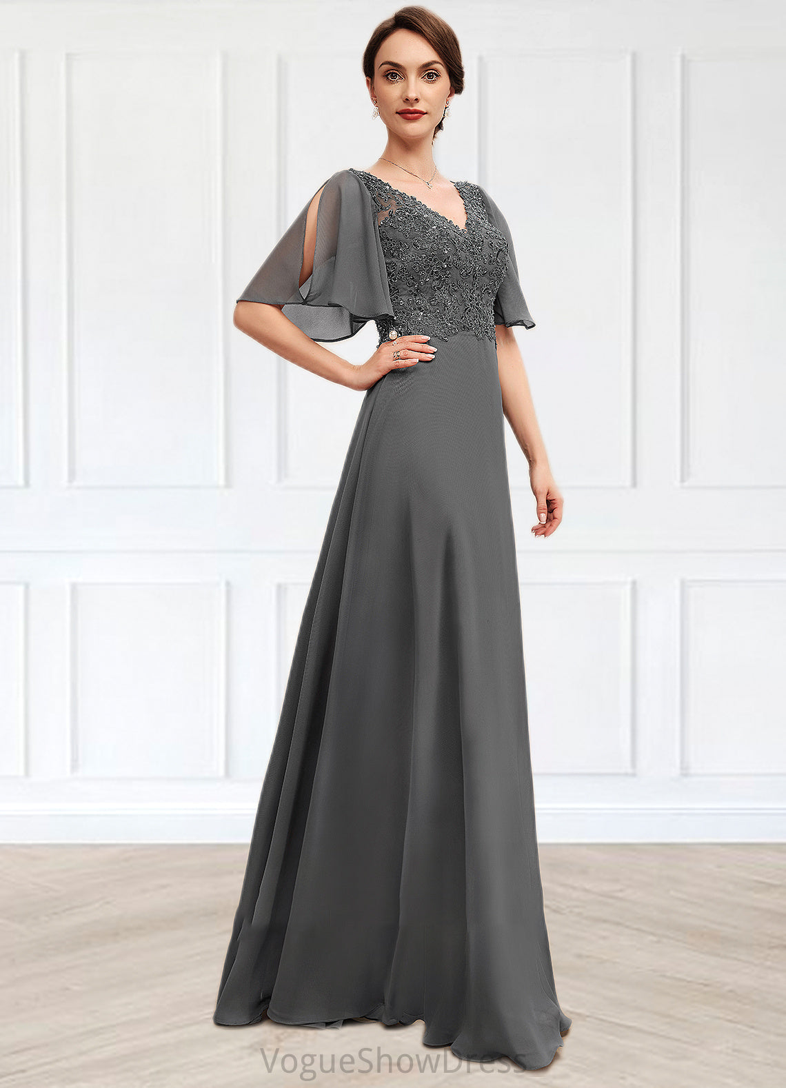 Nadine A-line V-Neck Floor-Length Chiffon Lace Mother of the Bride Dress With Beading Sequins DL126P0014589