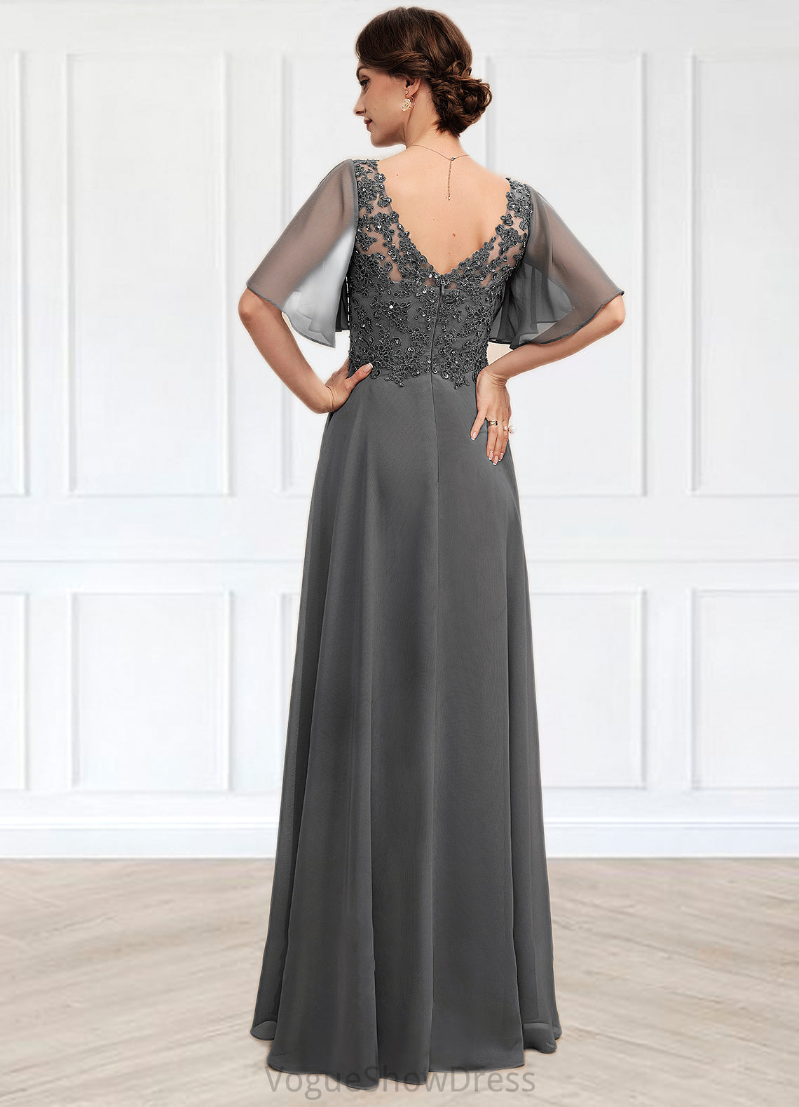 Nadine A-line V-Neck Floor-Length Chiffon Lace Mother of the Bride Dress With Beading Sequins DL126P0014589