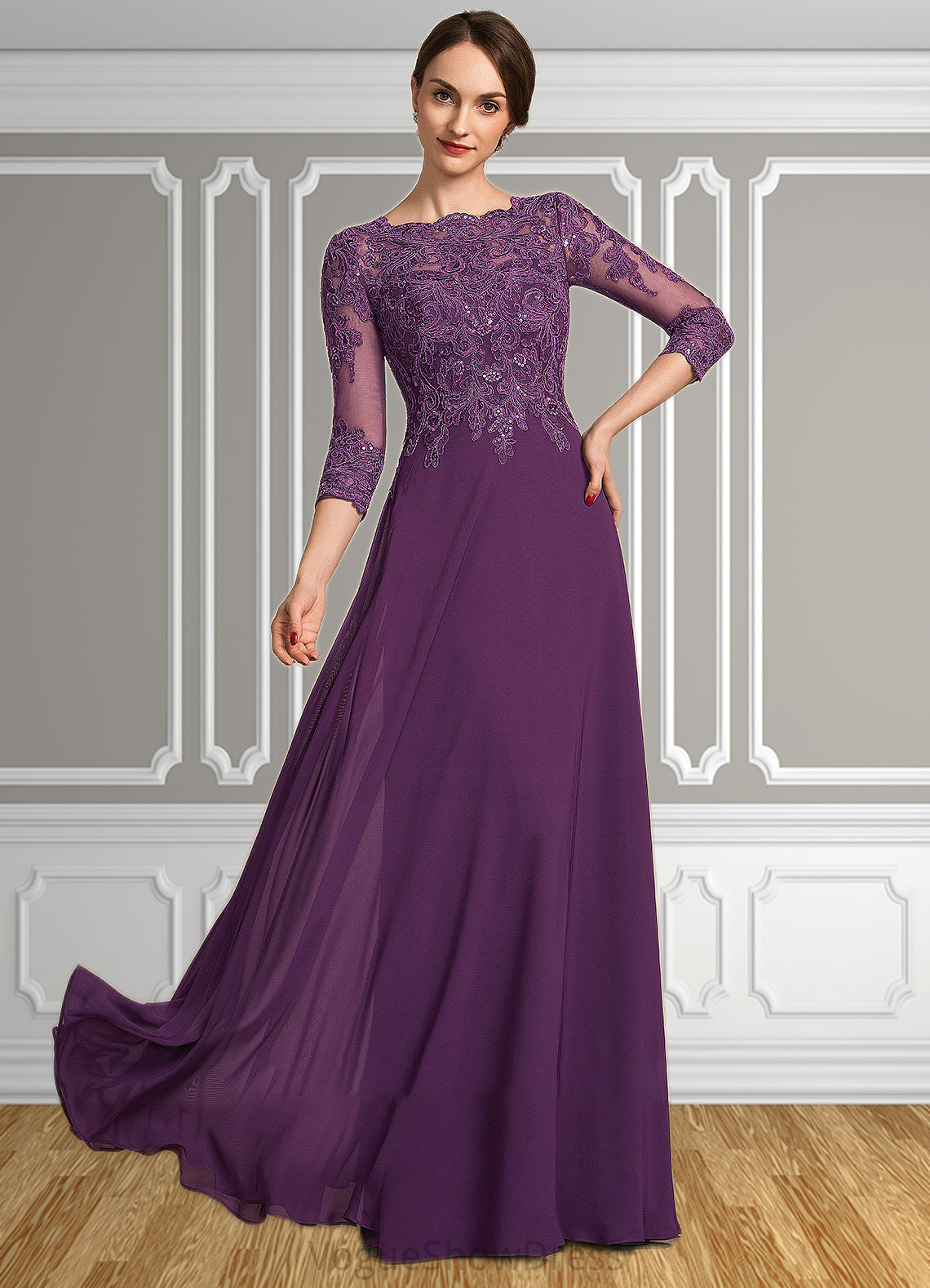 Harper A-Line Scoop Neck Floor-Length Chiffon Lace Mother of the Bride Dress With Sequins DL126P0014590