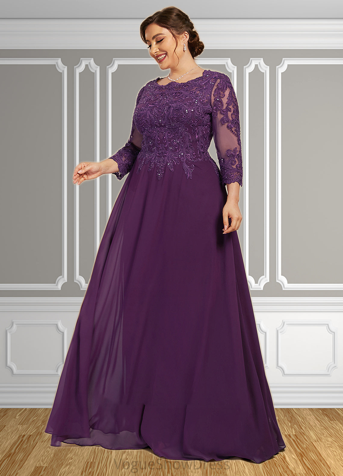 Harper A-Line Scoop Neck Floor-Length Chiffon Lace Mother of the Bride Dress With Sequins DL126P0014590