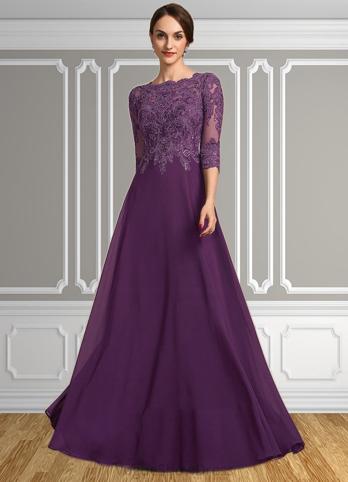 Harper A-Line Scoop Neck Floor-Length Chiffon Lace Mother of the Bride Dress With Sequins DL126P0014590