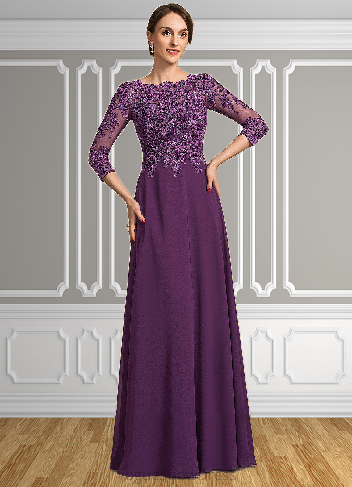 Harper A-Line Scoop Neck Floor-Length Chiffon Lace Mother of the Bride Dress With Sequins DL126P0014590