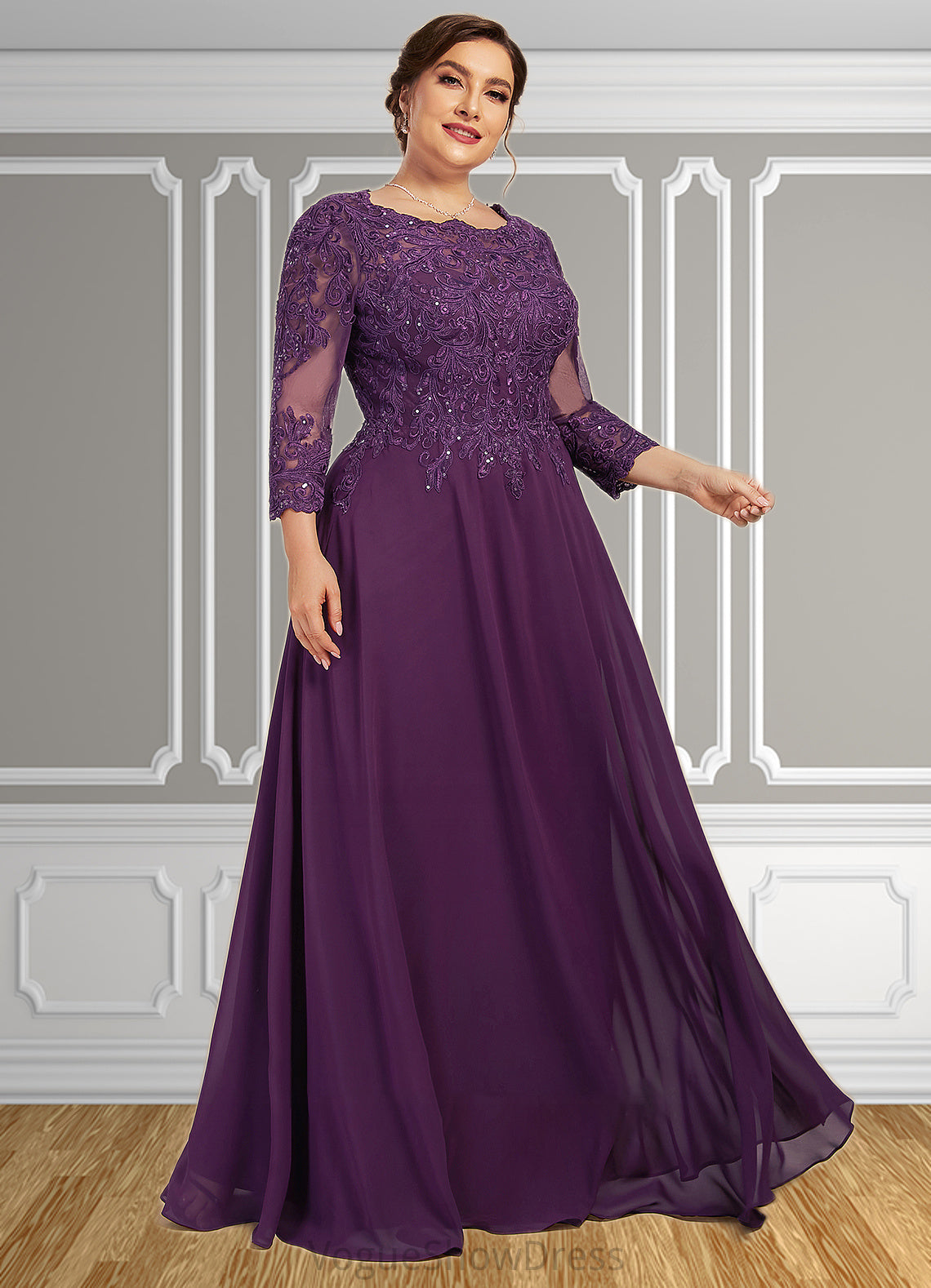 Harper A-Line Scoop Neck Floor-Length Chiffon Lace Mother of the Bride Dress With Sequins DL126P0014590