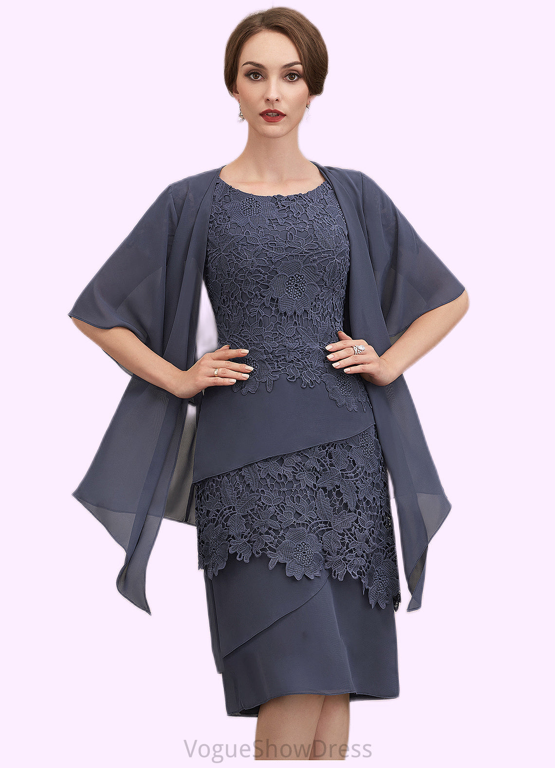 Isabel Sheath/Column Scoop Neck Knee-Length Chiffon Lace Mother of the Bride Dress DL126P0014591