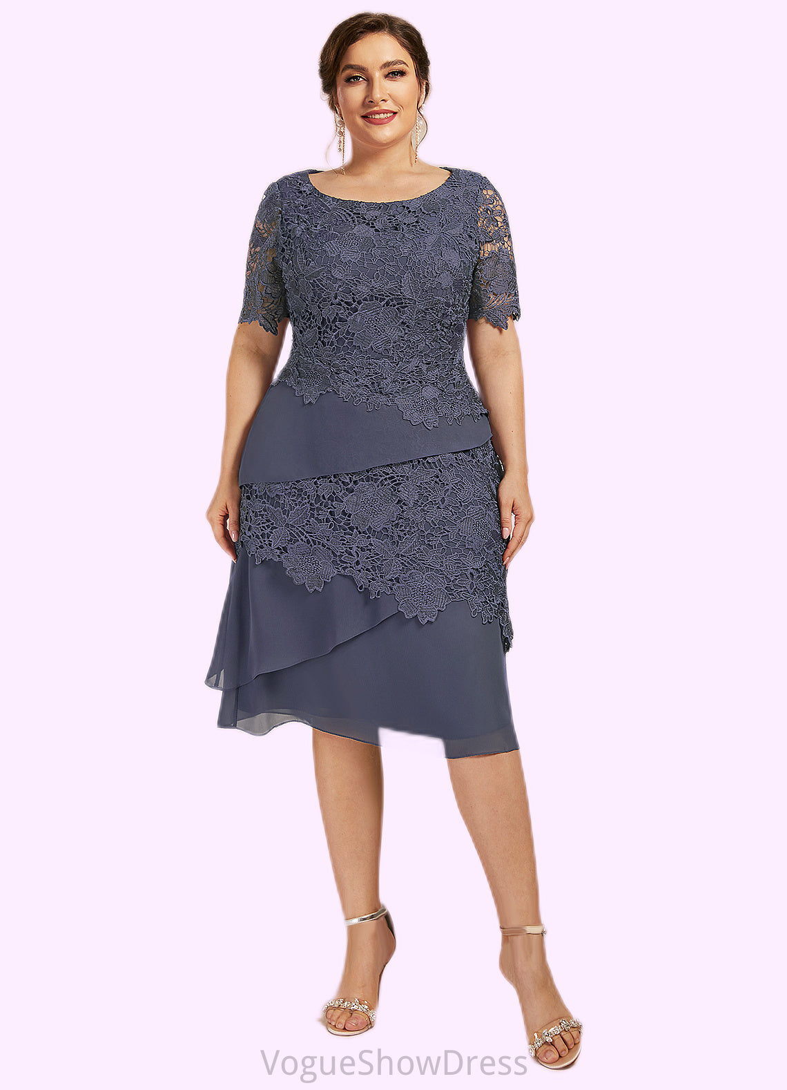 Isabel Sheath/Column Scoop Neck Knee-Length Chiffon Lace Mother of the Bride Dress DL126P0014591