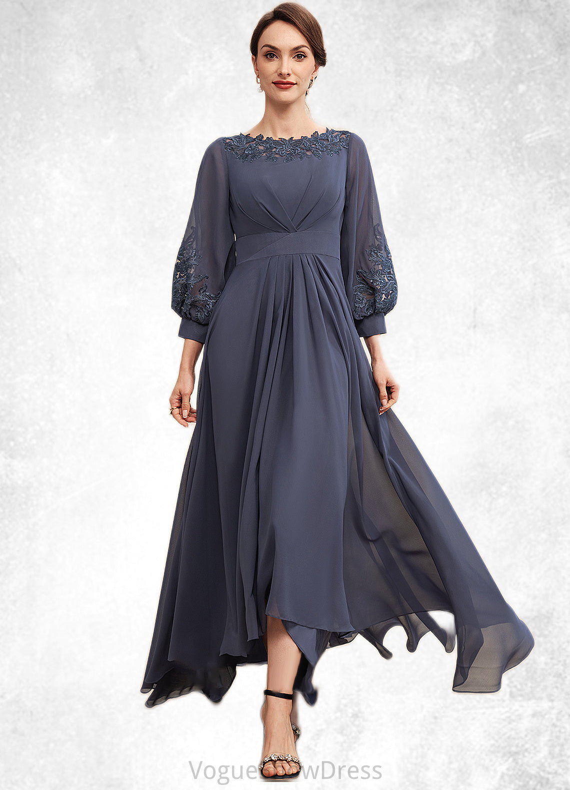 Piper A-Line Scoop Neck Asymmetrical Chiffon Mother of the Bride Dress With Ruffle Appliques Lace DL126P0014592