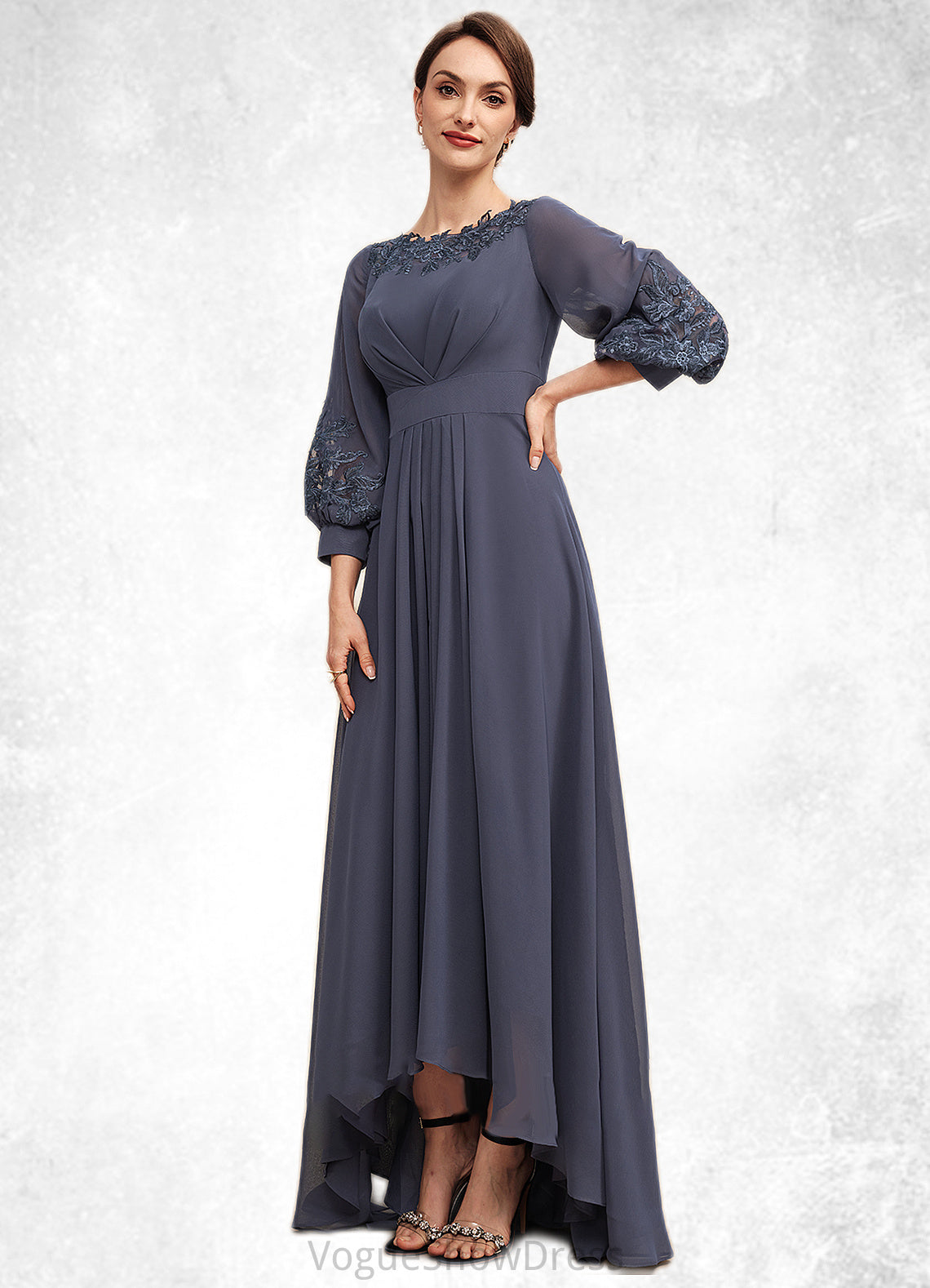 Piper A-Line Scoop Neck Asymmetrical Chiffon Mother of the Bride Dress With Ruffle Appliques Lace DL126P0014592