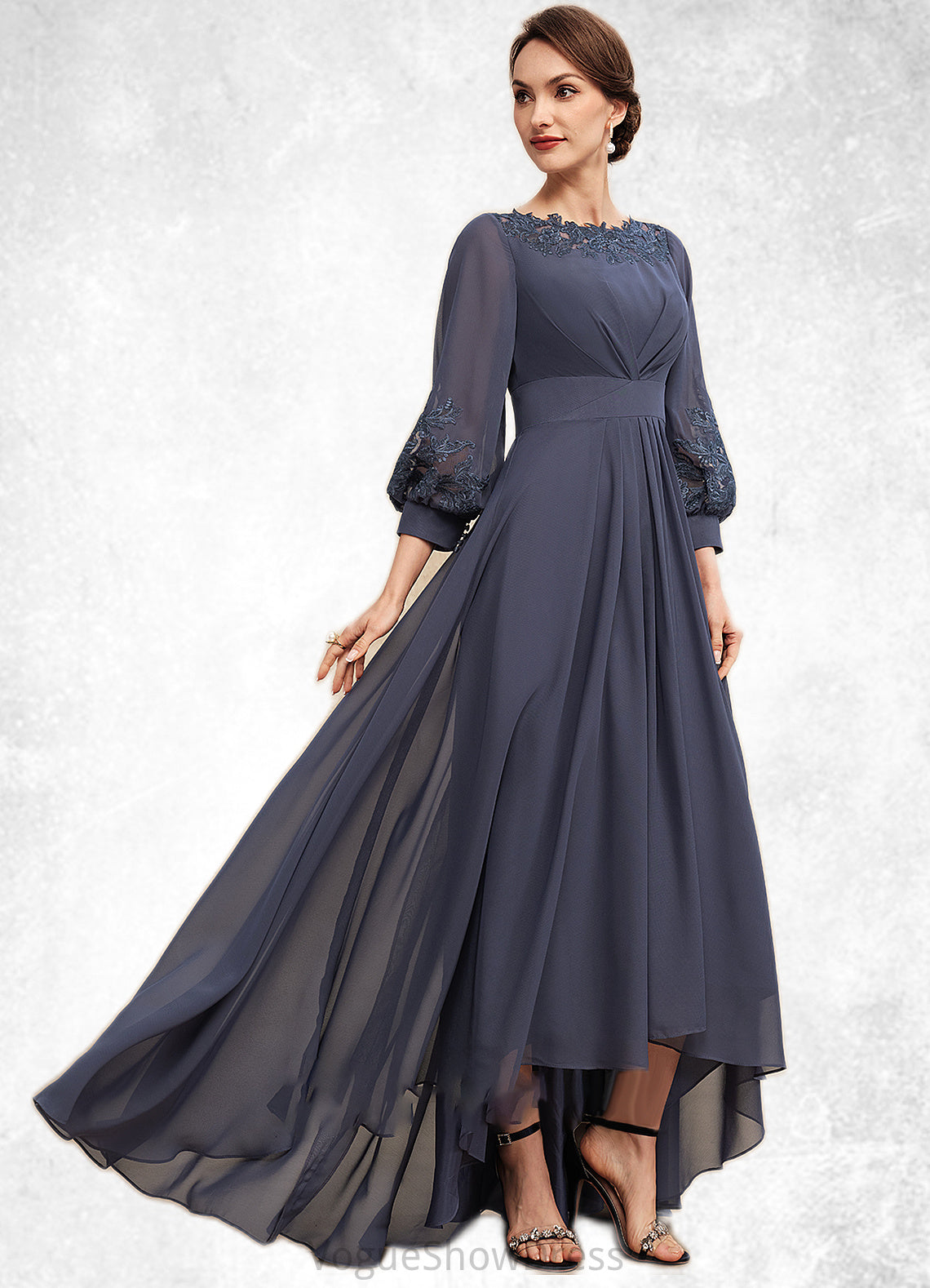 Piper A-Line Scoop Neck Asymmetrical Chiffon Mother of the Bride Dress With Ruffle Appliques Lace DL126P0014592