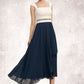 Valentina A-Line Square Neckline Tea-Length Chiffon Mother of the Bride Dress With Beading Sequins Pleated DL126P0014594