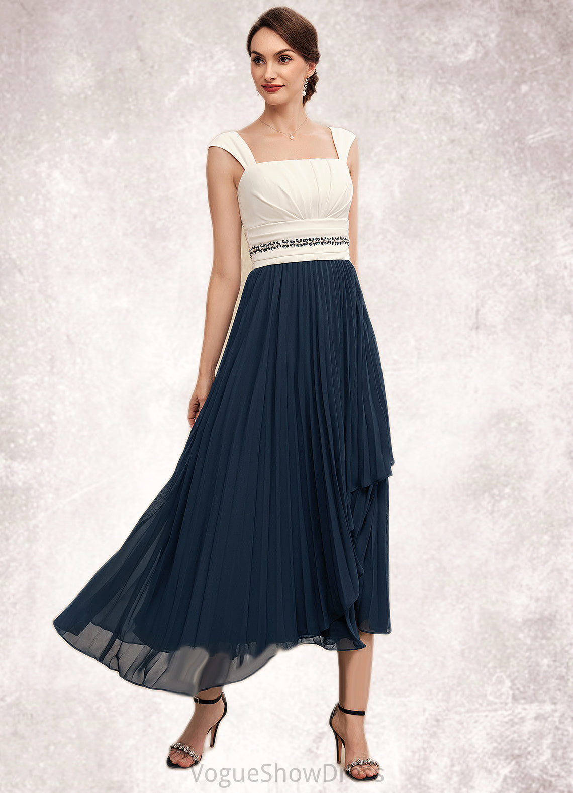 Valentina A-Line Square Neckline Tea-Length Chiffon Mother of the Bride Dress With Beading Sequins Pleated DL126P0014594