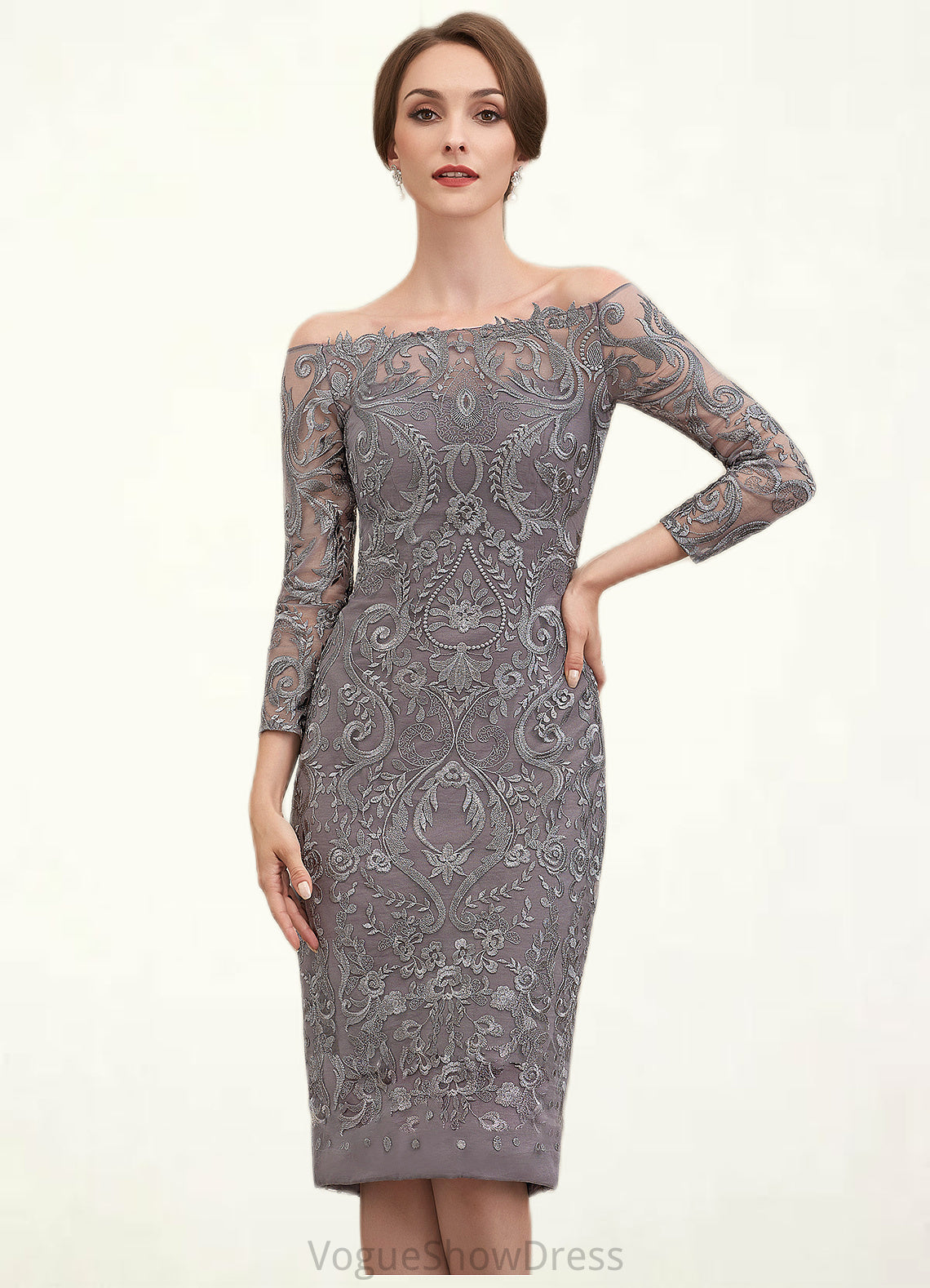 Tianna Sheath/Column Off-the-Shoulder Knee-Length Lace Mother of the Bride Dress DL126P0014595