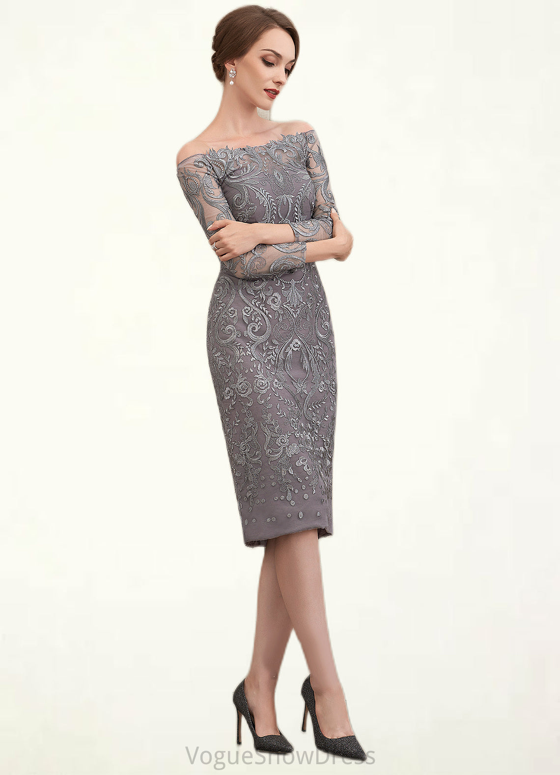 Tianna Sheath/Column Off-the-Shoulder Knee-Length Lace Mother of the Bride Dress DL126P0014595