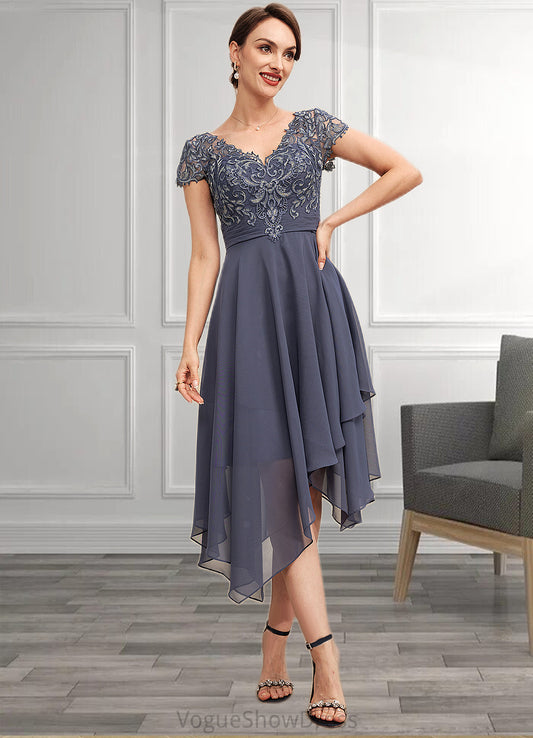 Nora A-Line V-neck Asymmetrical Chiffon Lace Mother of the Bride Dress With Ruffle DL126P0014596