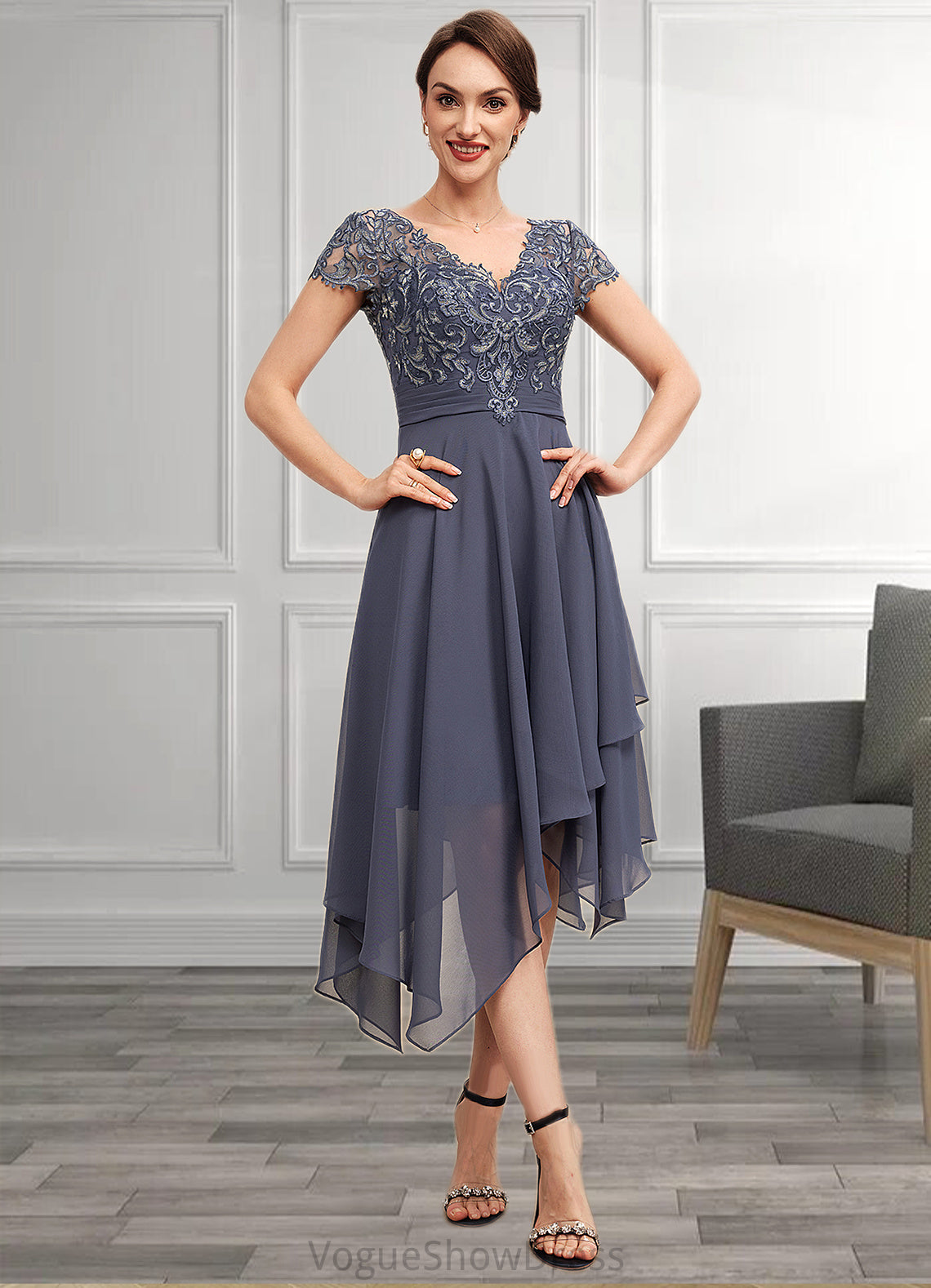 Nora A-Line V-neck Asymmetrical Chiffon Lace Mother of the Bride Dress With Ruffle DL126P0014596