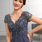 Nora A-Line V-neck Asymmetrical Chiffon Lace Mother of the Bride Dress With Ruffle DL126P0014596